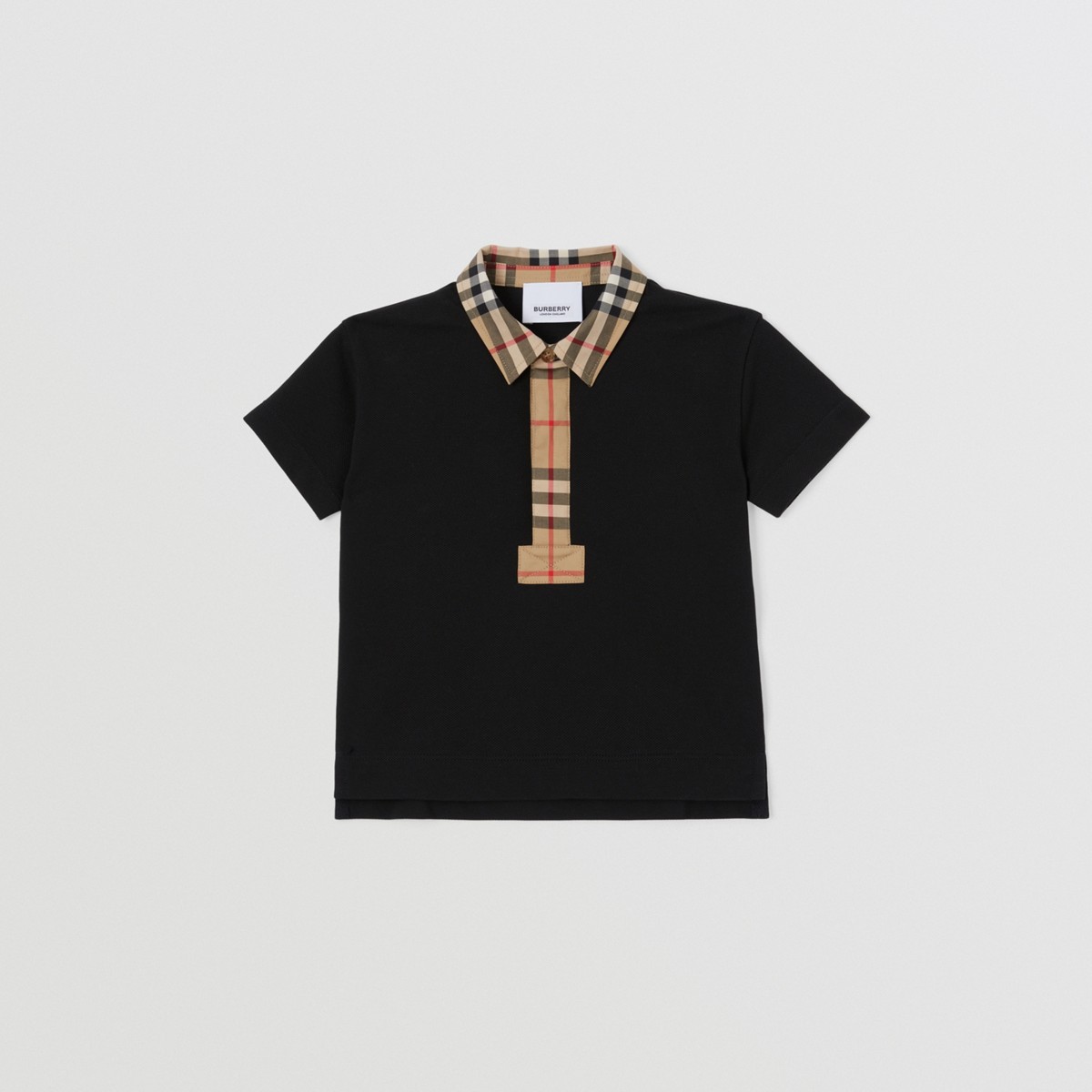Shop Burberry Childrens Vintage Check Trim Cotton Piqué Polo Shirt In Black