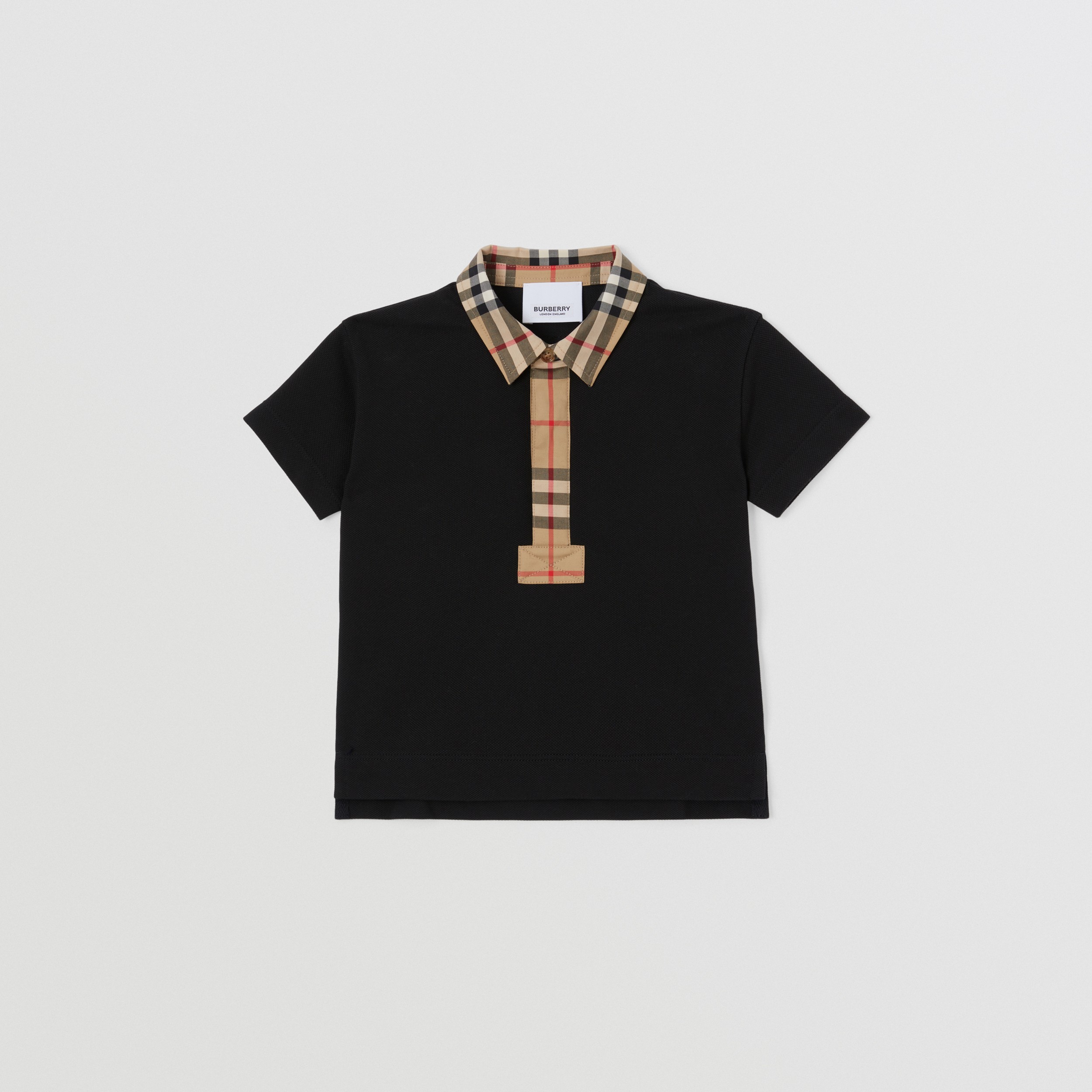 Vintage Check Trim Cotton Piqué Polo Shirt in Black - Children | Burberry® Official - 1