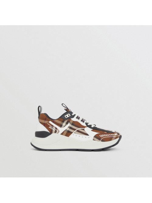 Burberry Vintage Check Cotton And Leather Sneakers In Brown