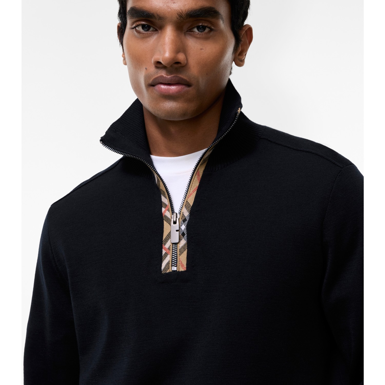Check Trim Wool Half-zip Sweater in Navy - Men | Burberry® Official