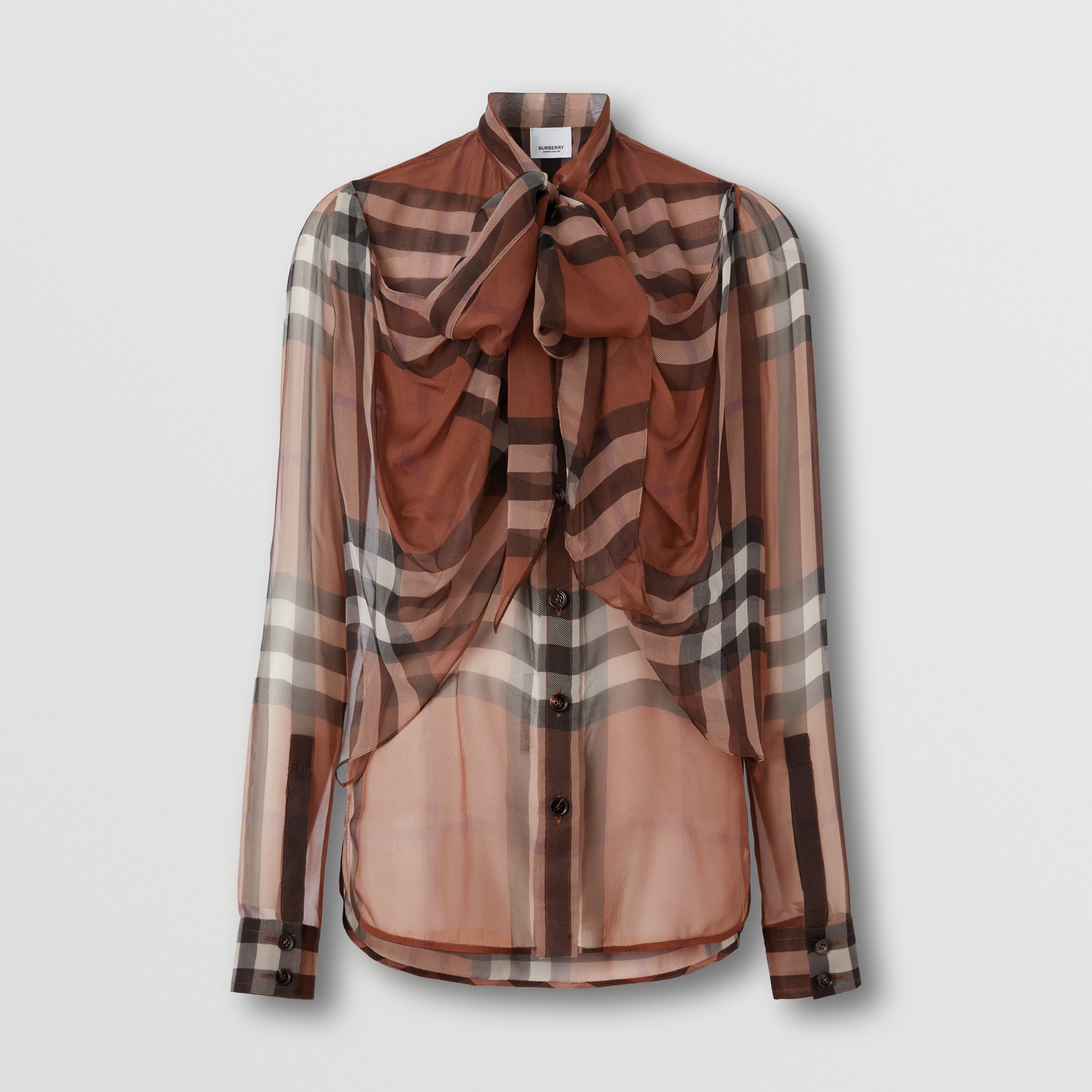 Check Print Silk Chiffon Pussy-bow Blouse in Dark Birch Brown - Women | Burberry® Official - 4