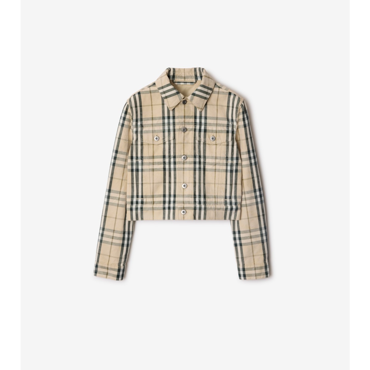 Shop Burberry Cropped Check Denim Jacket In Grain