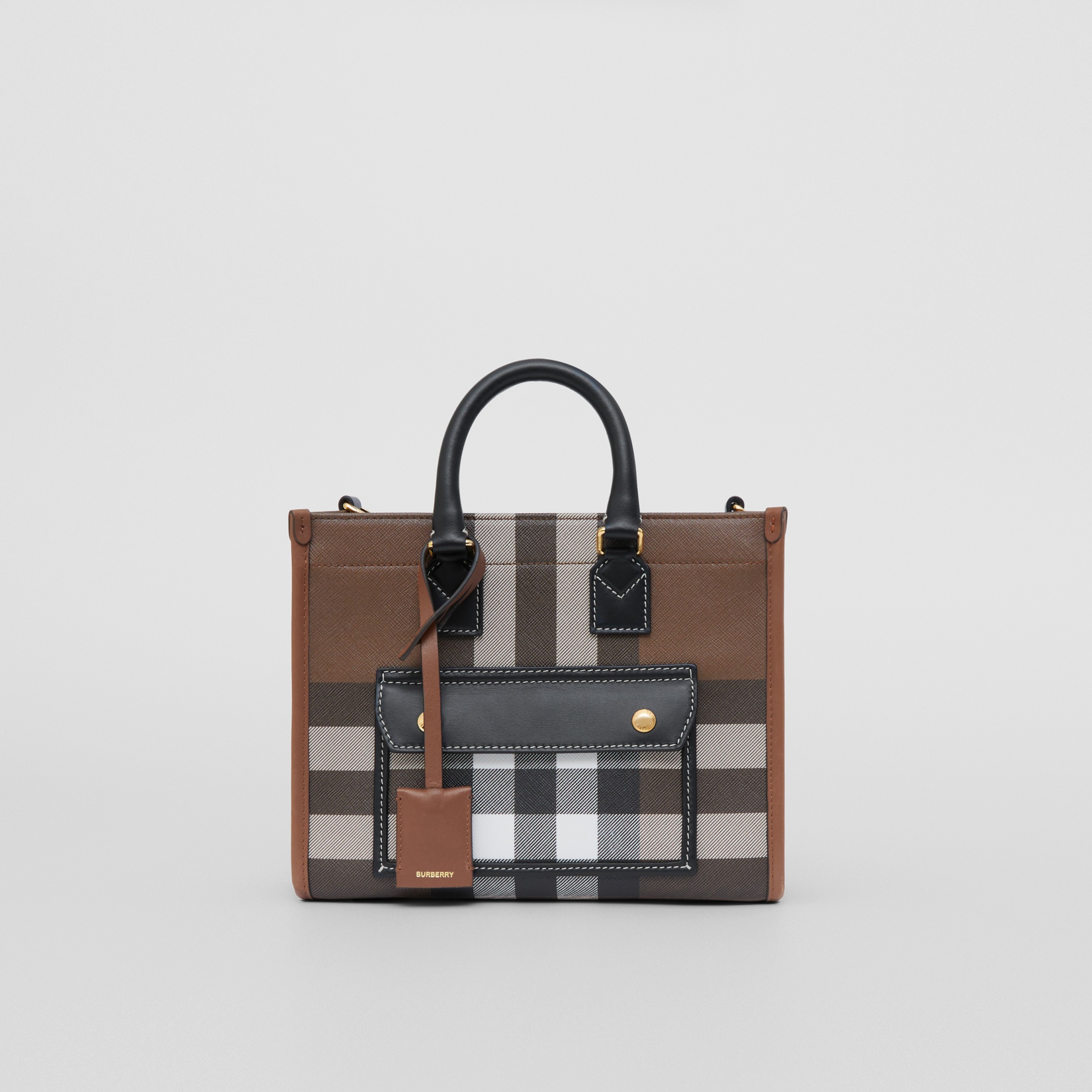 Mini Check and Leather Freya Tote in Dark Birch Brown - Women | Burberry® Official - 1