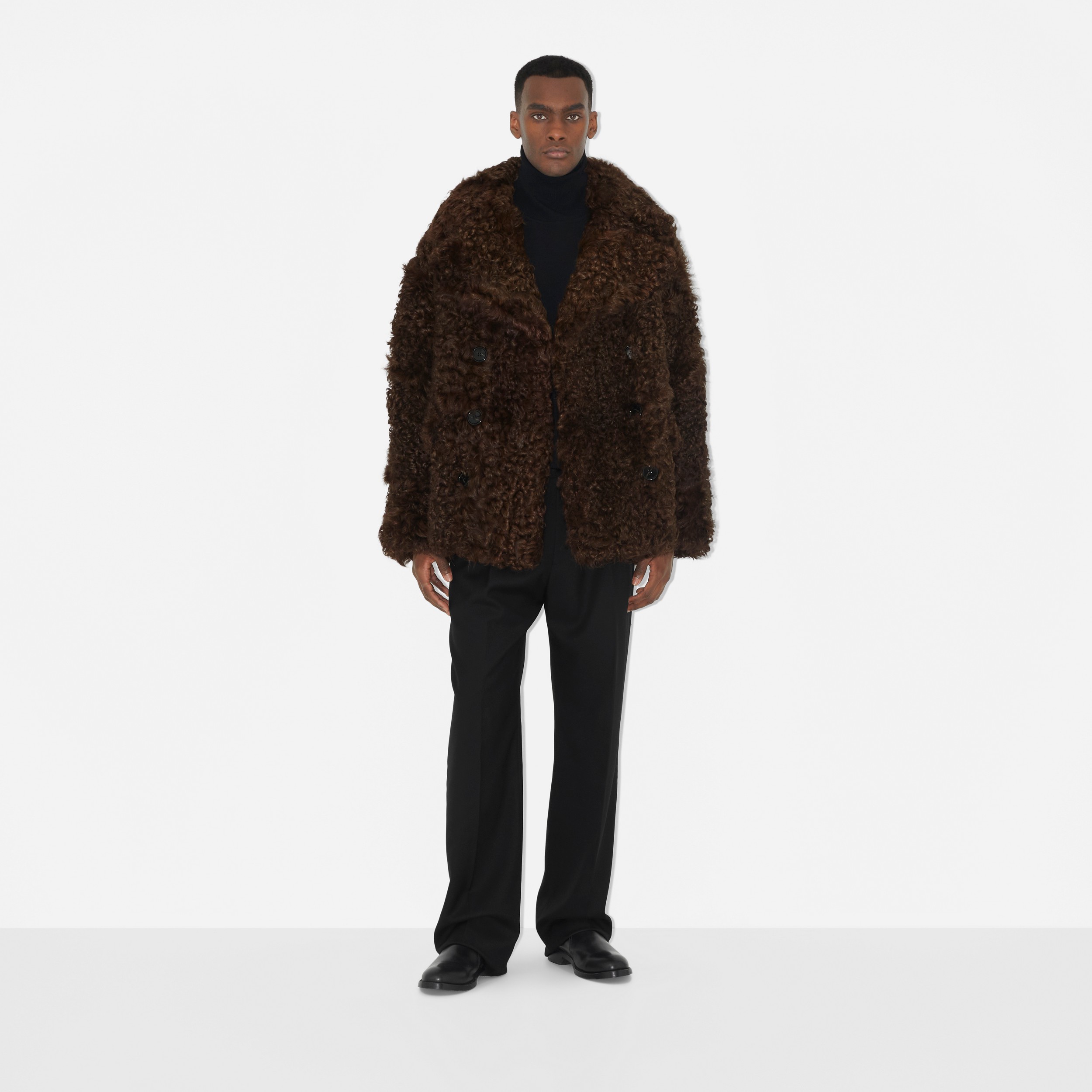 Exaggerated Lapel Shearling Pea Coat in Brown - Men | Burberry® Official - 2