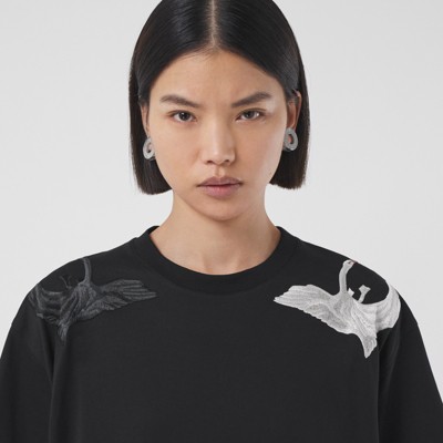 Swan Graphic Cotton Oversized T-shirt in Black - Women | Burberry® Official