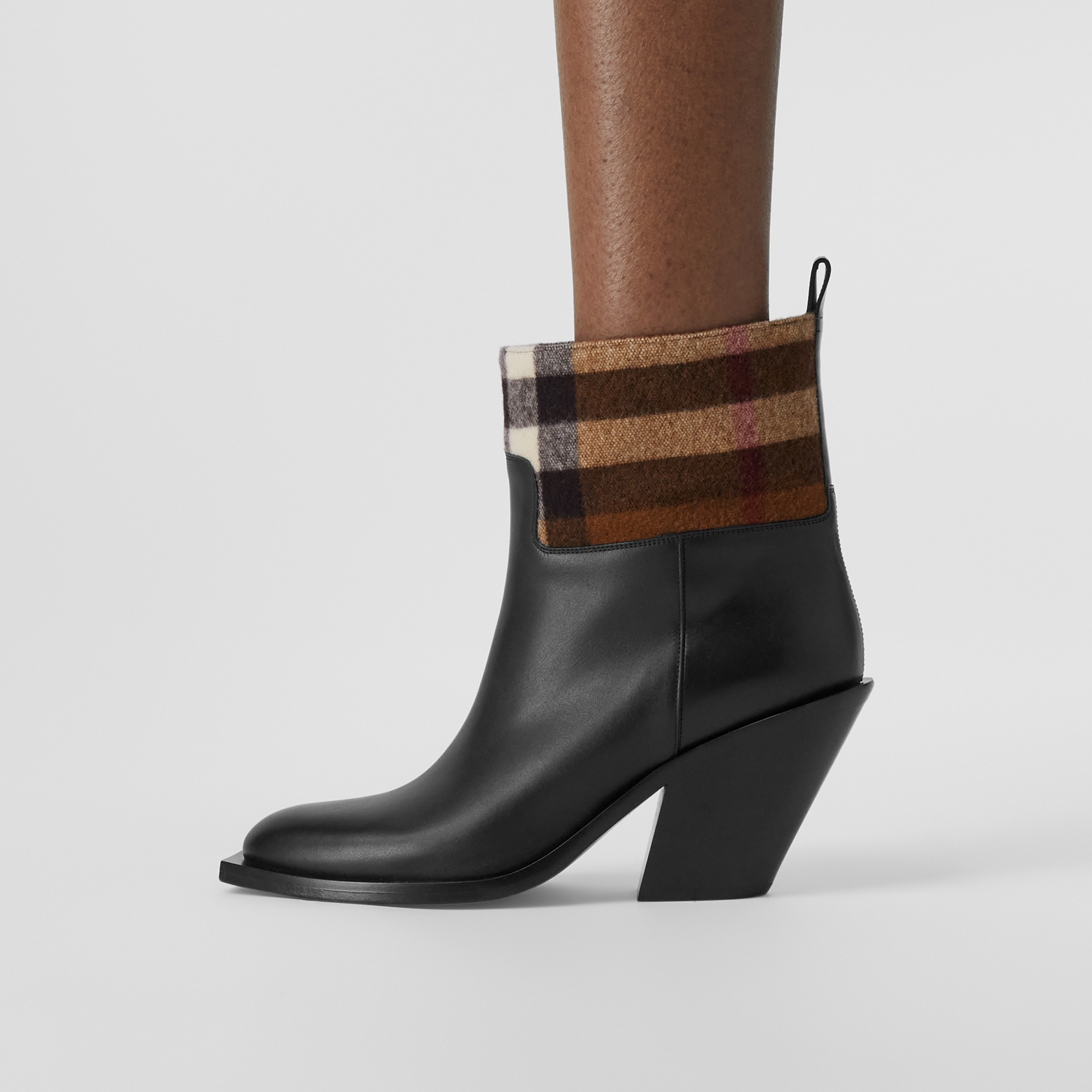 Check Panel and Leather Ankle Boots in Black/dark Birch Brown - Women | Burberry® Official - 3