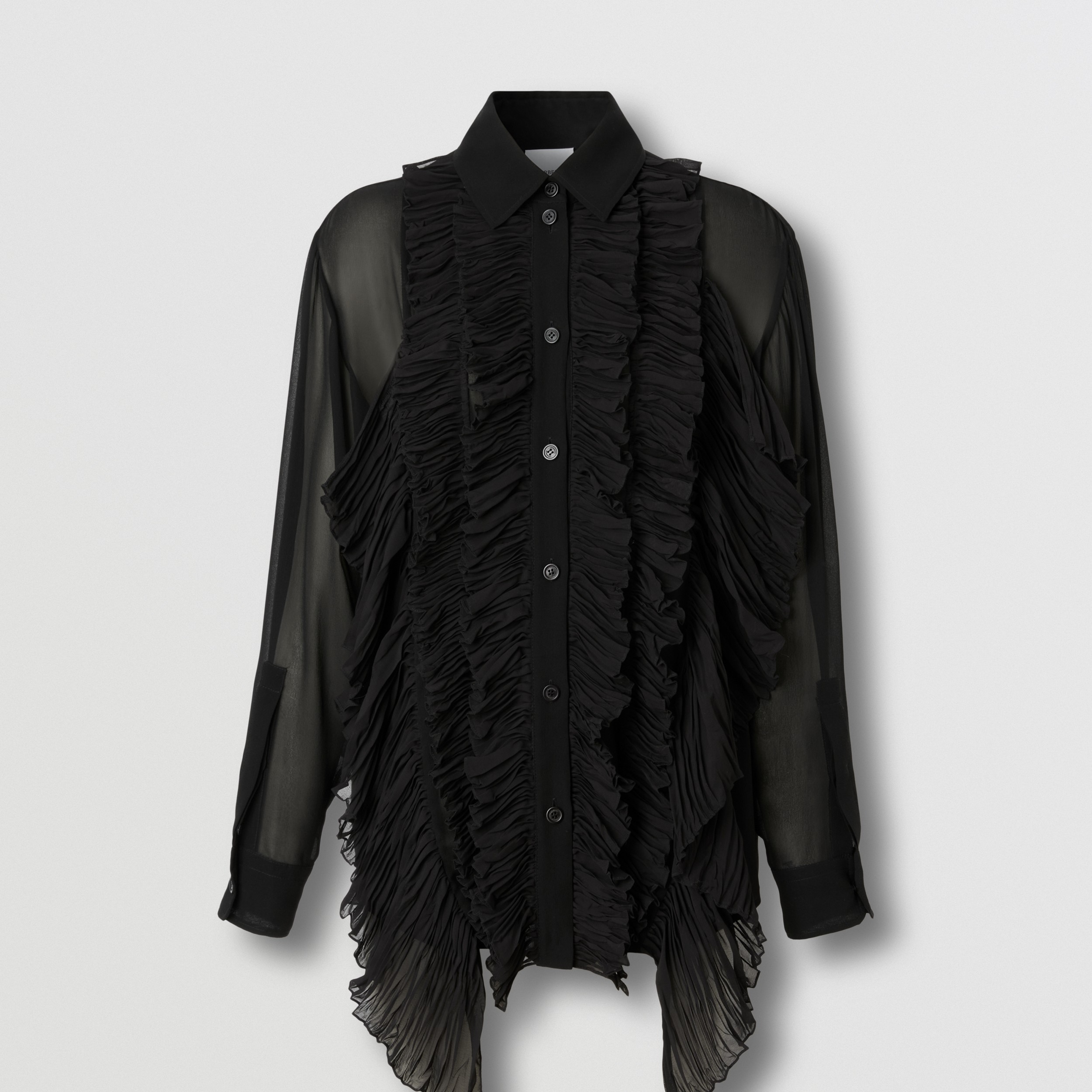 Pleated Ruffle Detail Silk Georgette Shirt in Black - Women | Burberry® Official - 1