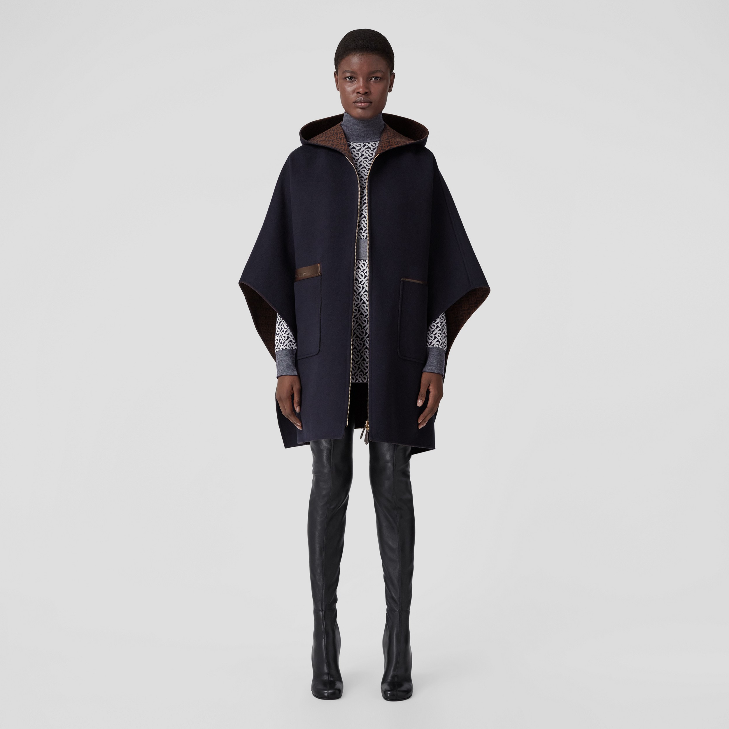Wool Cashmere Oversized Hooded Cape in Dark Charcoal Blue - Women | Burberry® Official - 1