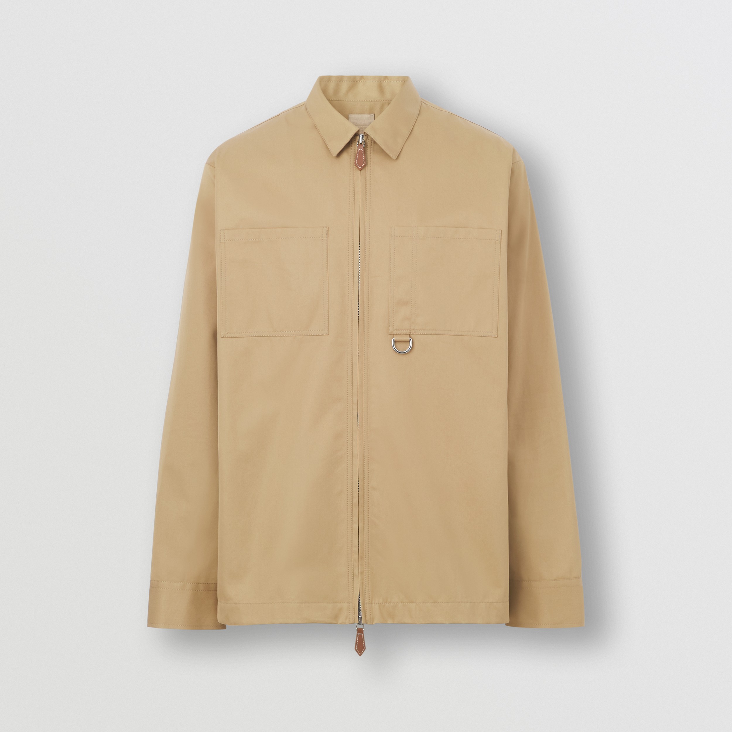 Embroidered Logo Cotton Gabardine Zip-front Shirt in Toasted Walnut - Men | Burberry® Official - 1