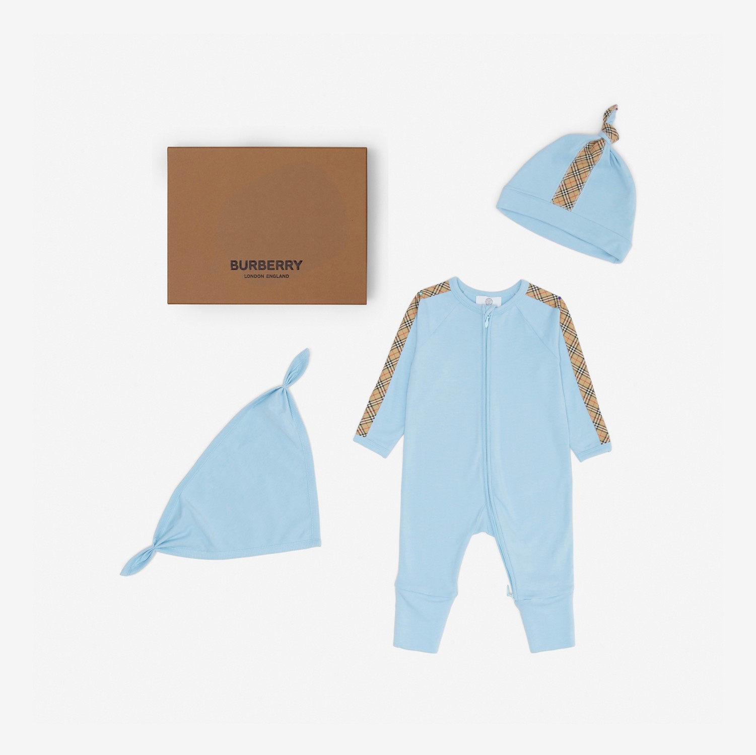 Check Trim Cotton Three-piece Baby Gift Set in Powdered Blue - Children | Burberry® Official