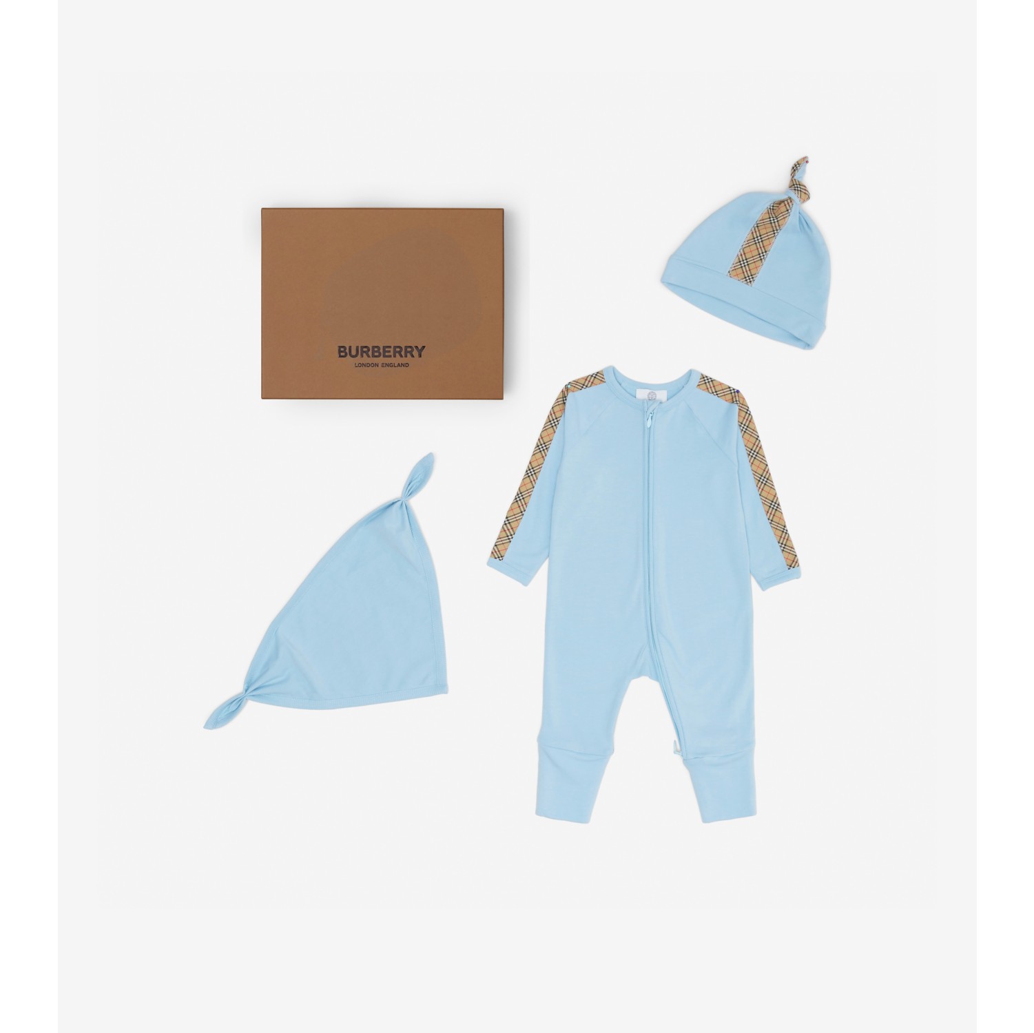 Check Trim Cotton Three-piece Baby Gift Set in Powdered blue 