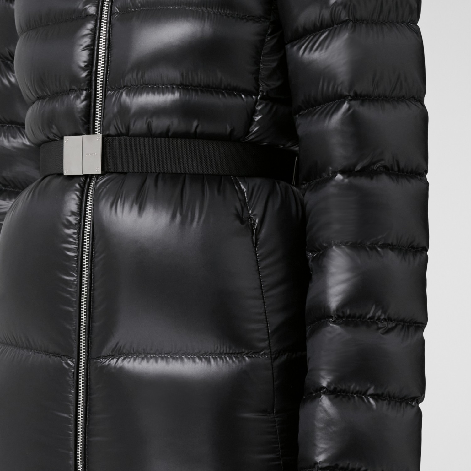 Contrast Hood Nylon Belted Puffer Jacket