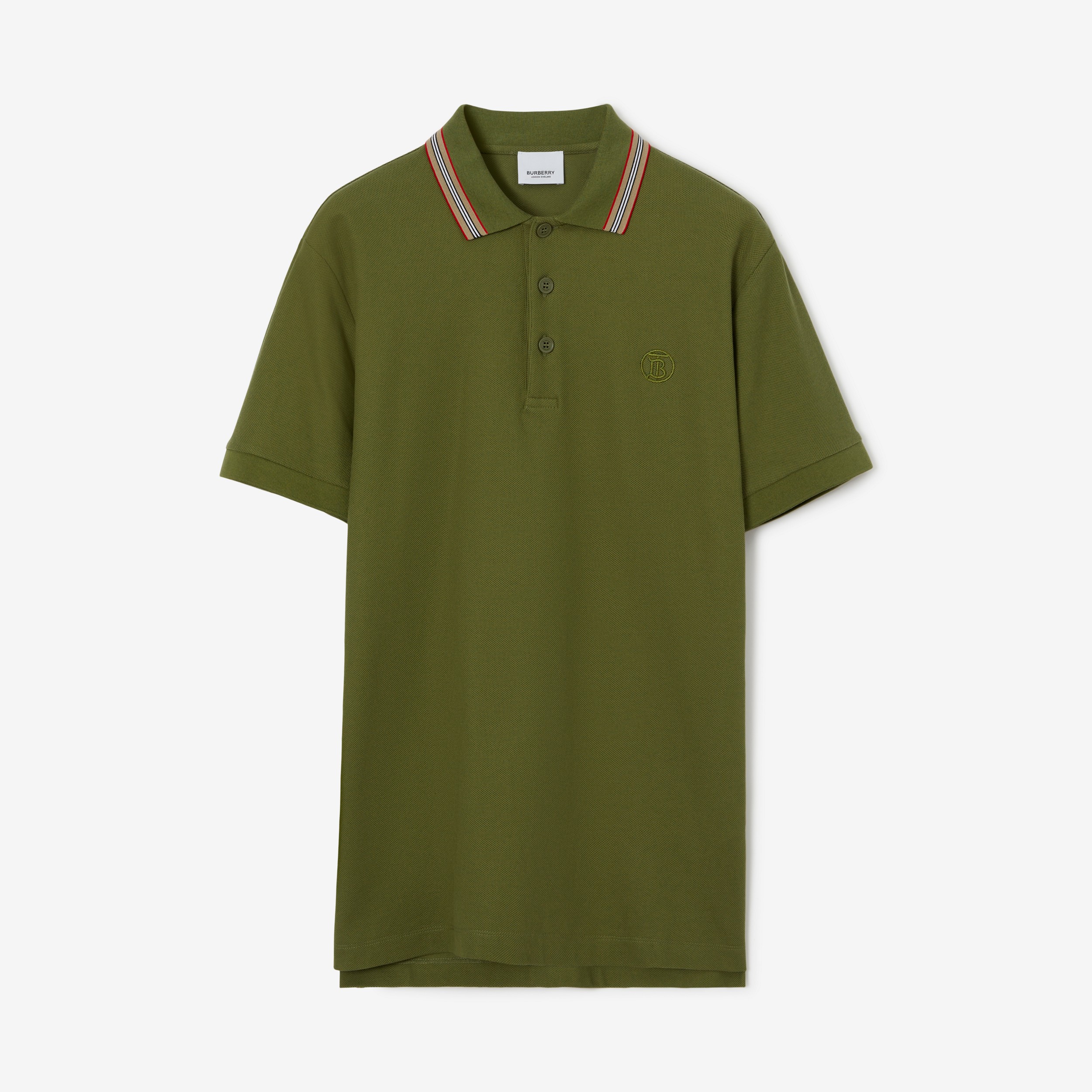 Polo en piqué de coton avec col à rayures iconiques (Vert Épicéa) - Homme | Site officiel Burberry® - 1