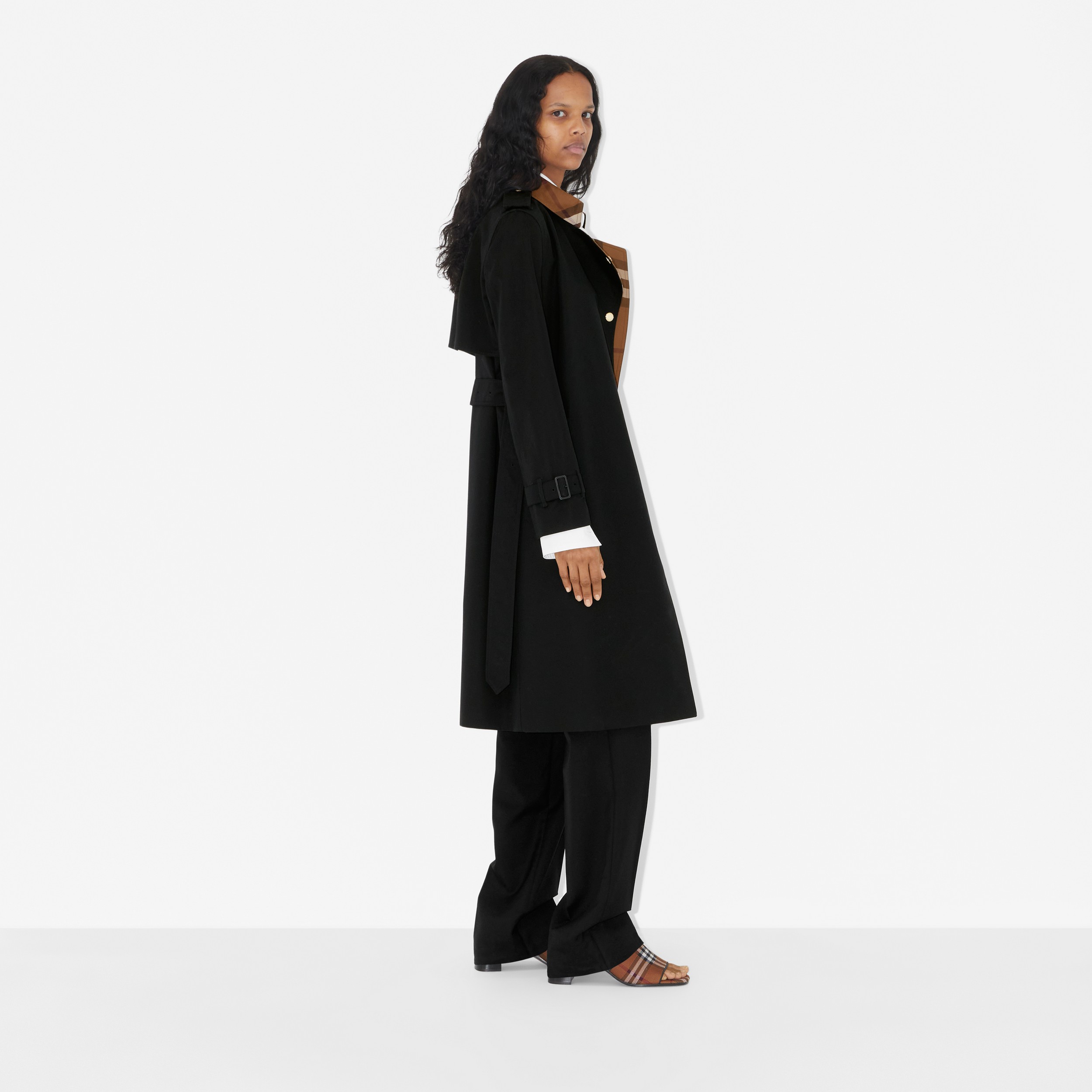 Check Panel Cotton Gabardine Trench Coat in Black - Women 