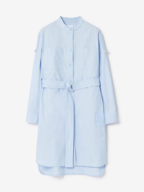 Burberry Cotton Belted Shirt Dress In Pale Blue