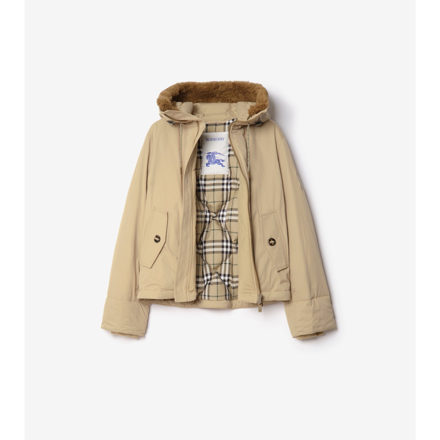 Shearling Trim Gabardine Hooded Jacket in Hamper beige - Men, Cotton Gabardine | Burberry® Official