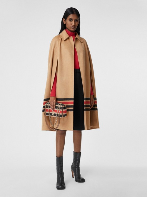 Burberry Stripe Detail Double-faced Cashmere Cape In Light Camel