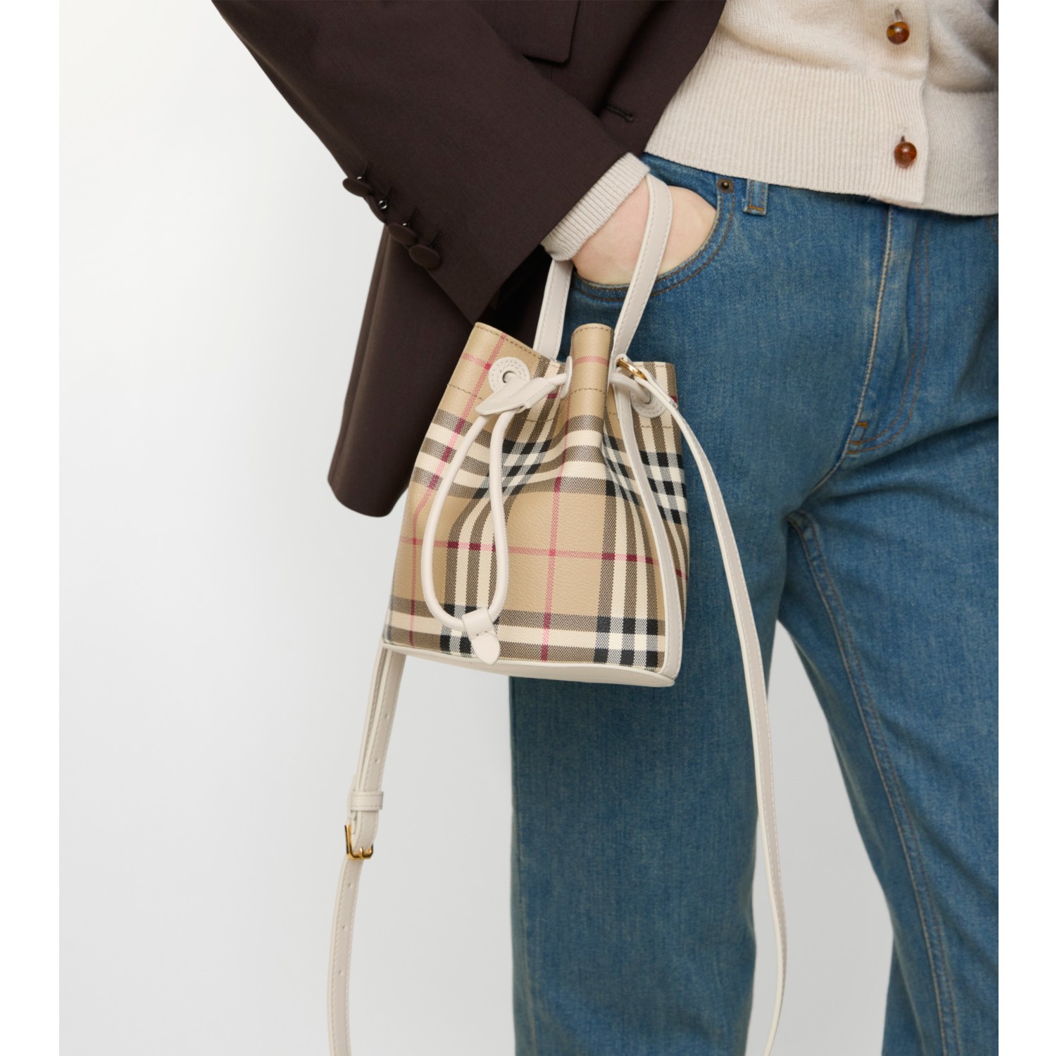 Mini Check Bucket Bag in Archive beige/soap beige - Women, Technical, Cotton | Burberry® Official
