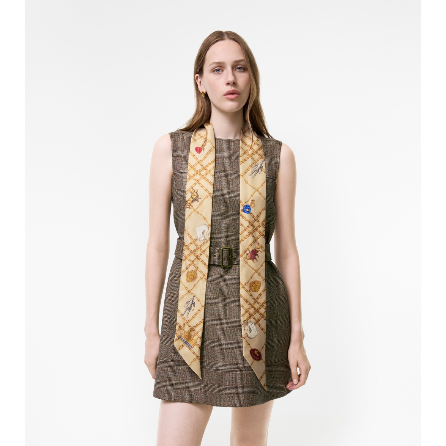 Skinny Check Charm Silk Scarf in Finch brown | Burberry® Official