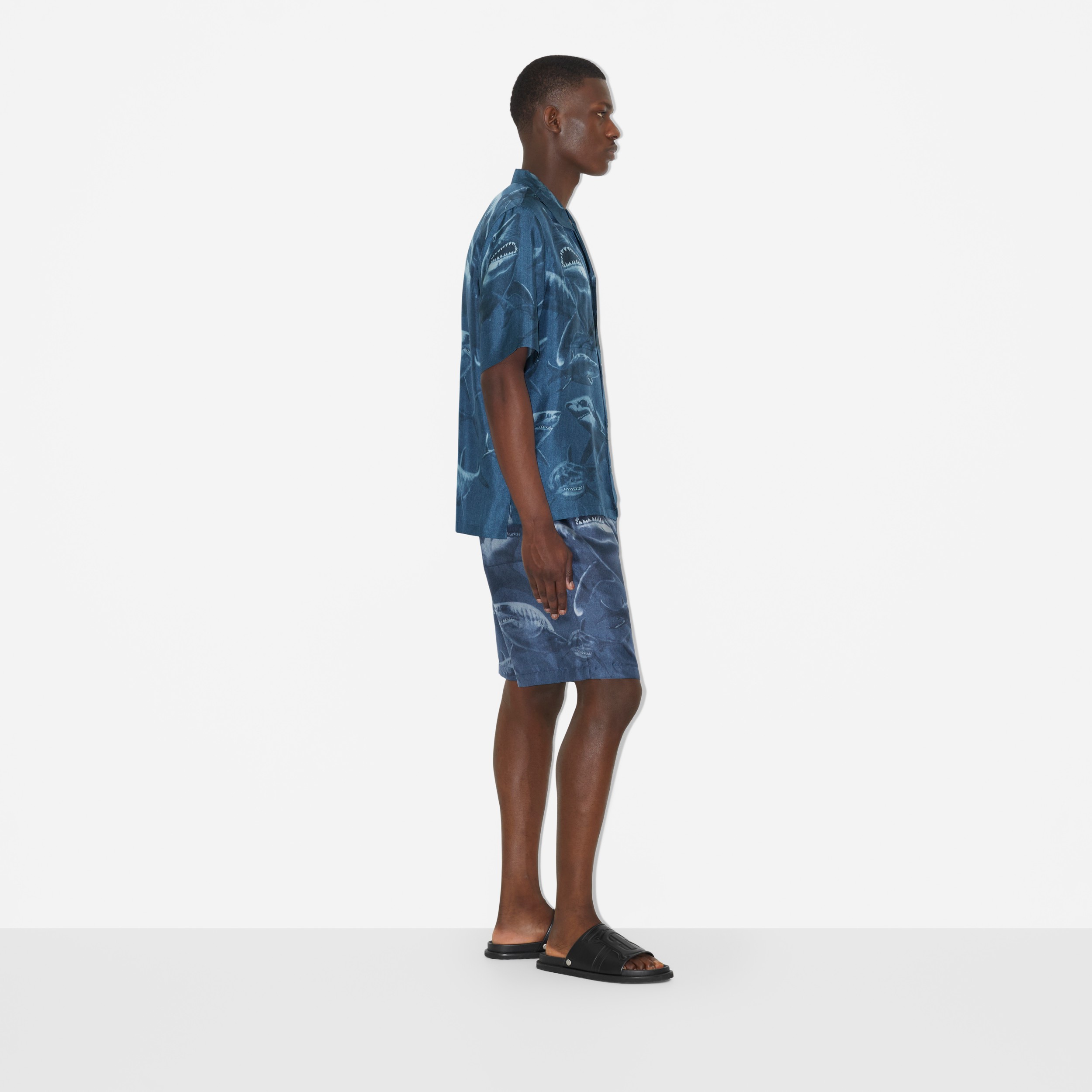 Shark Print Silk Shorts in Rich Navy - Men | Burberry® Official - 3