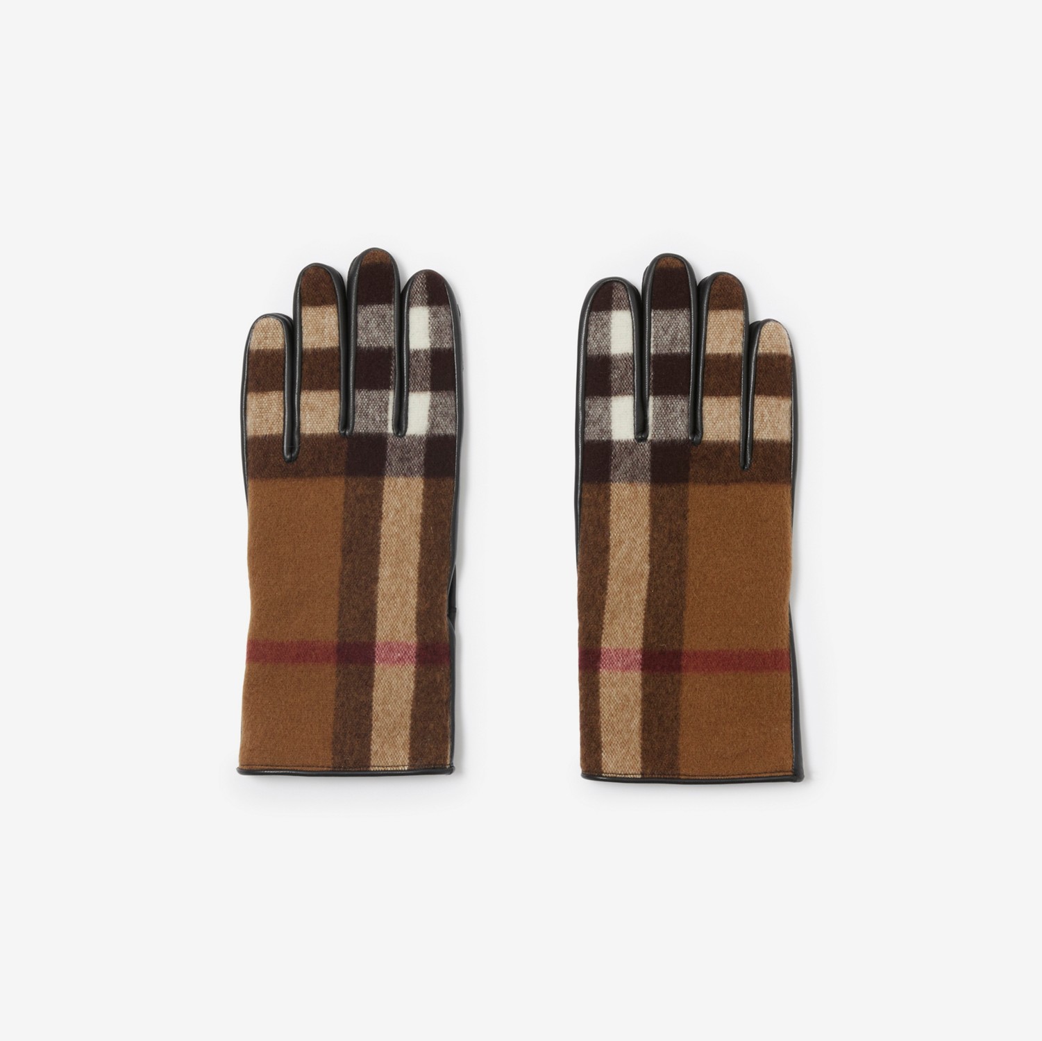 大号格纹羊毛拼皮革手套（含羊绒内衬） (桦木棕) - 男士 | Burberry® 博柏利官网