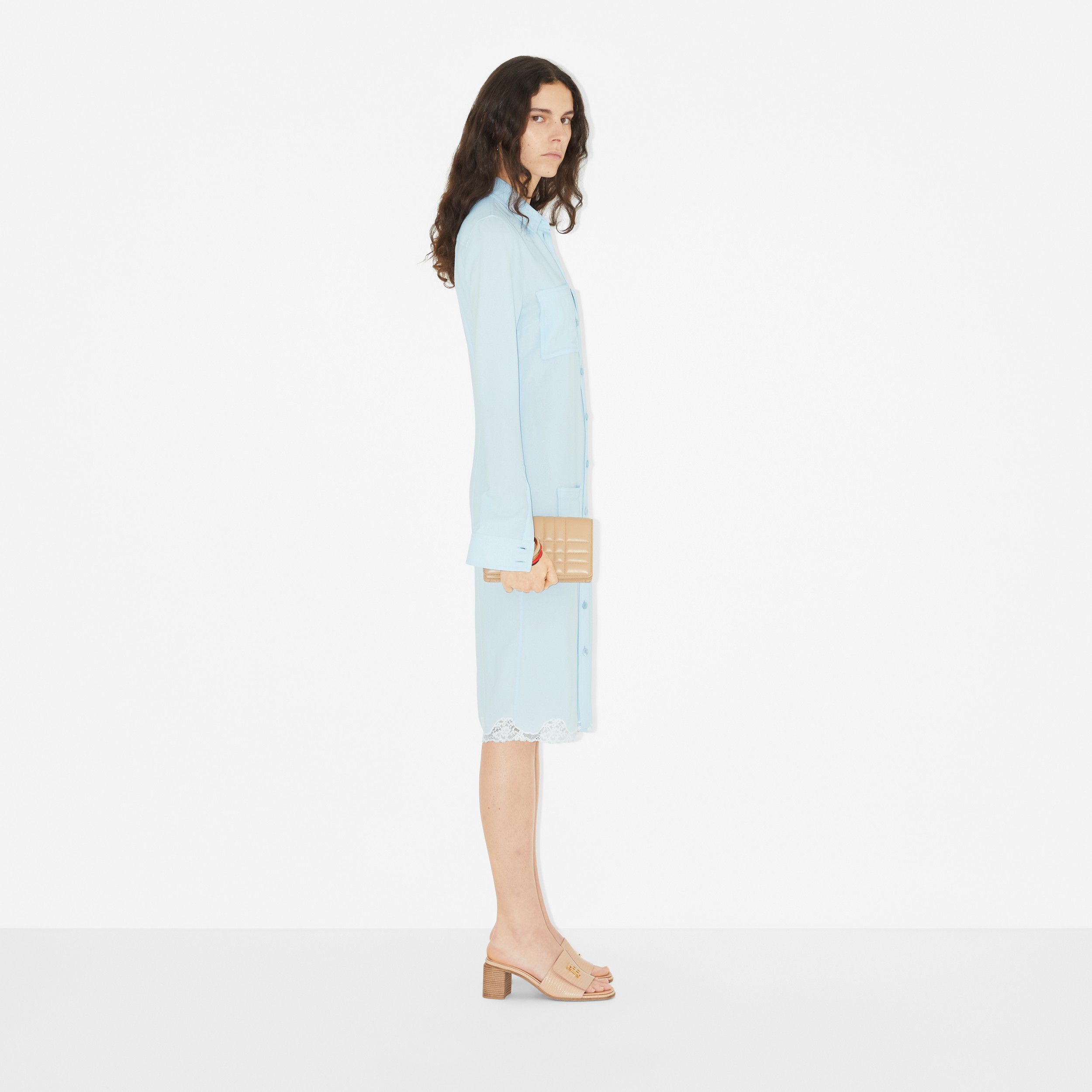 Lace Trim Viscose Shirt Dress in Glacier Blue - Women | Burberry® Official - 3