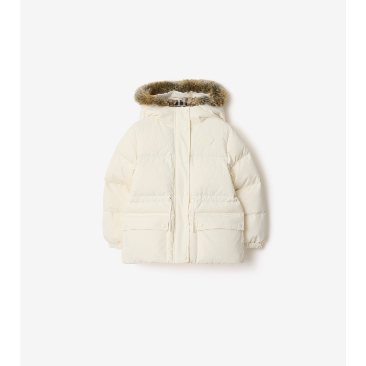  Check Faux Fur Trim Nylon Puffer Coat