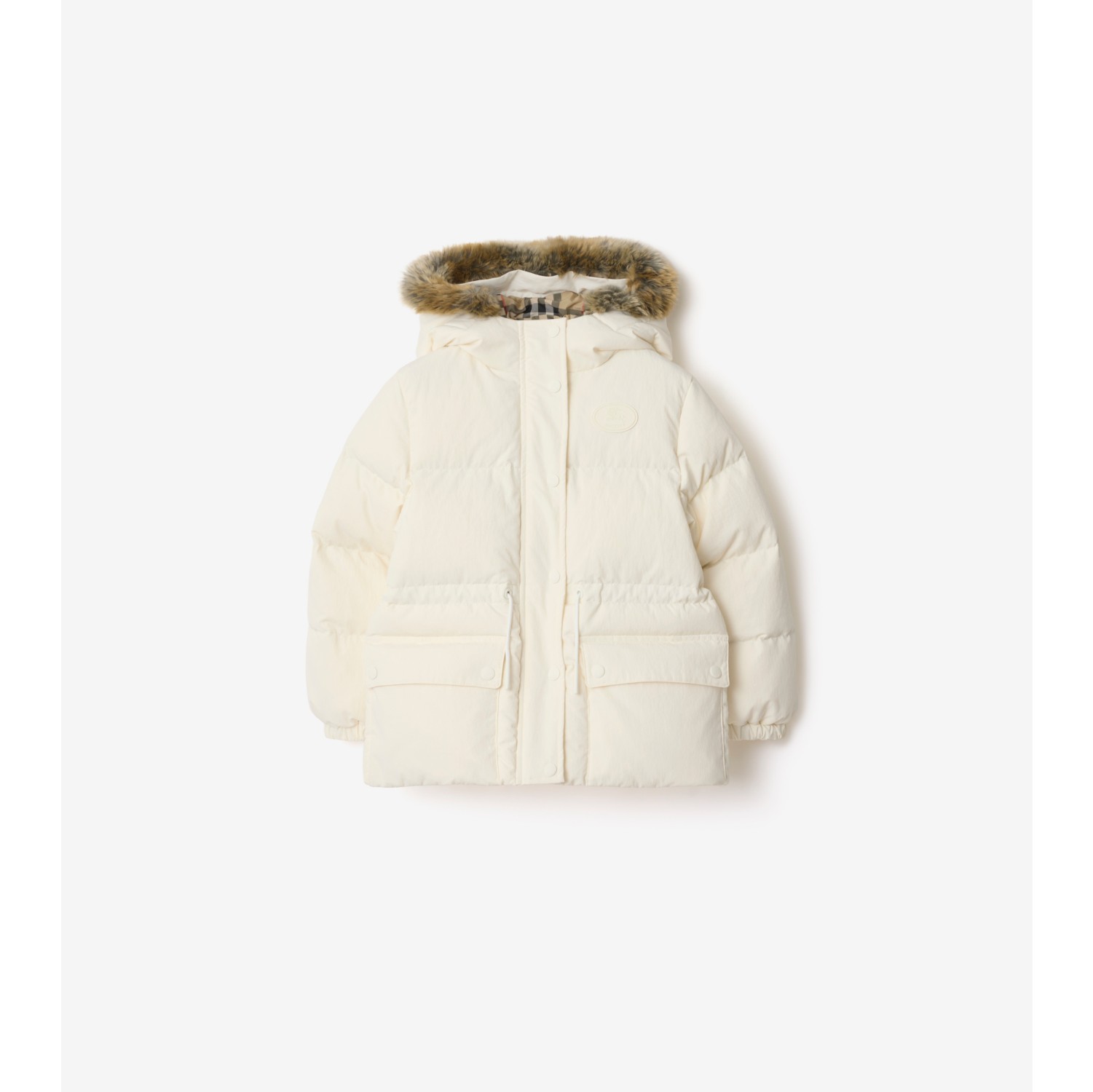Faux Fur Trim Nylon Puffer Coat in Rain white | Burberry® Official