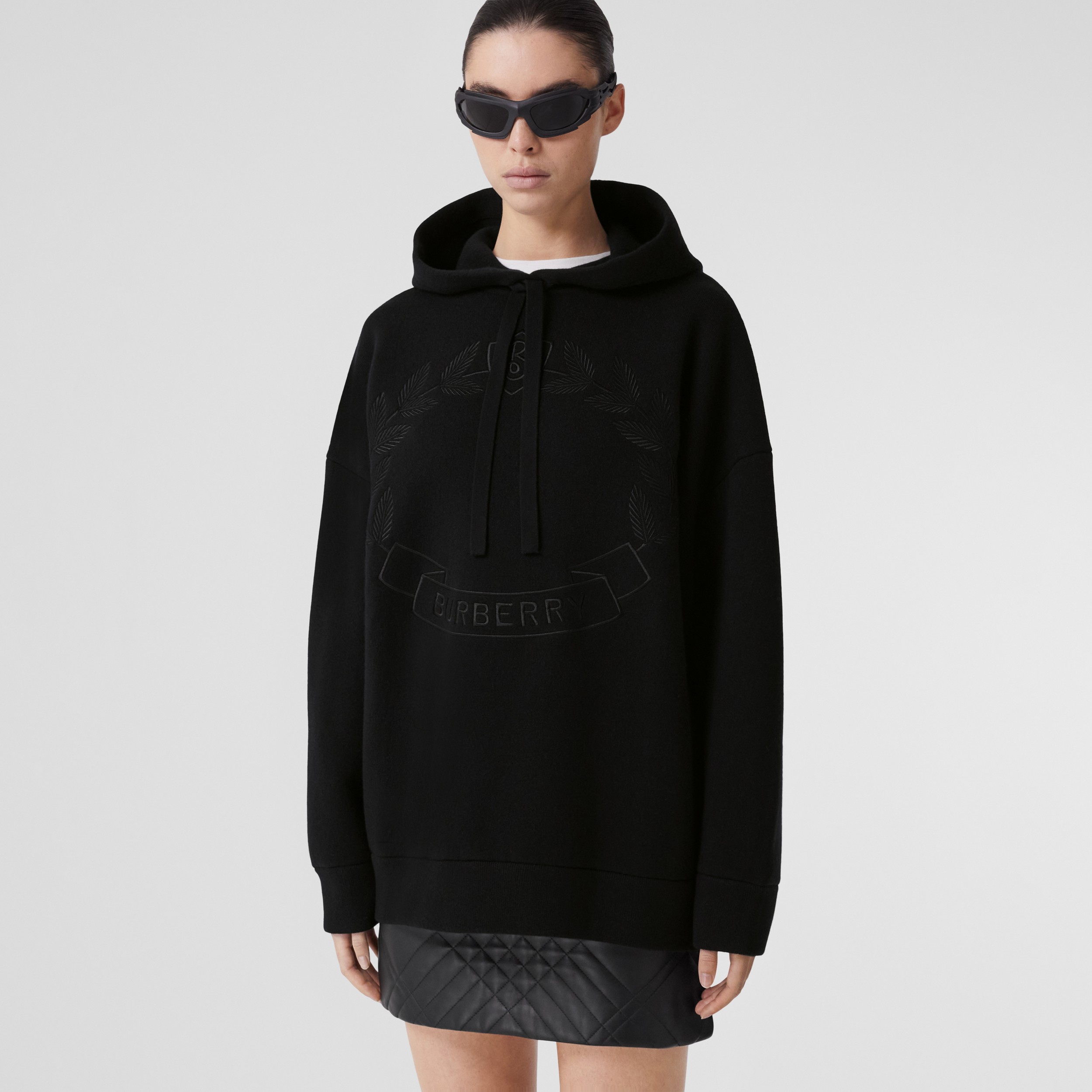 Embroidered Oak Leaf Crest Oversized Hoodie in Black - Women | Burberry® Official - 1
