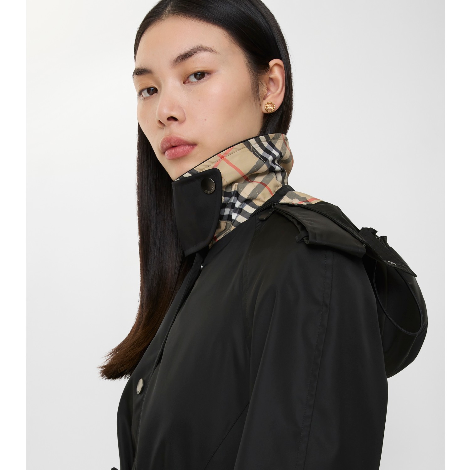 ロング ナイロン フーデッドカーコート (ブラック) - ウィメンズ