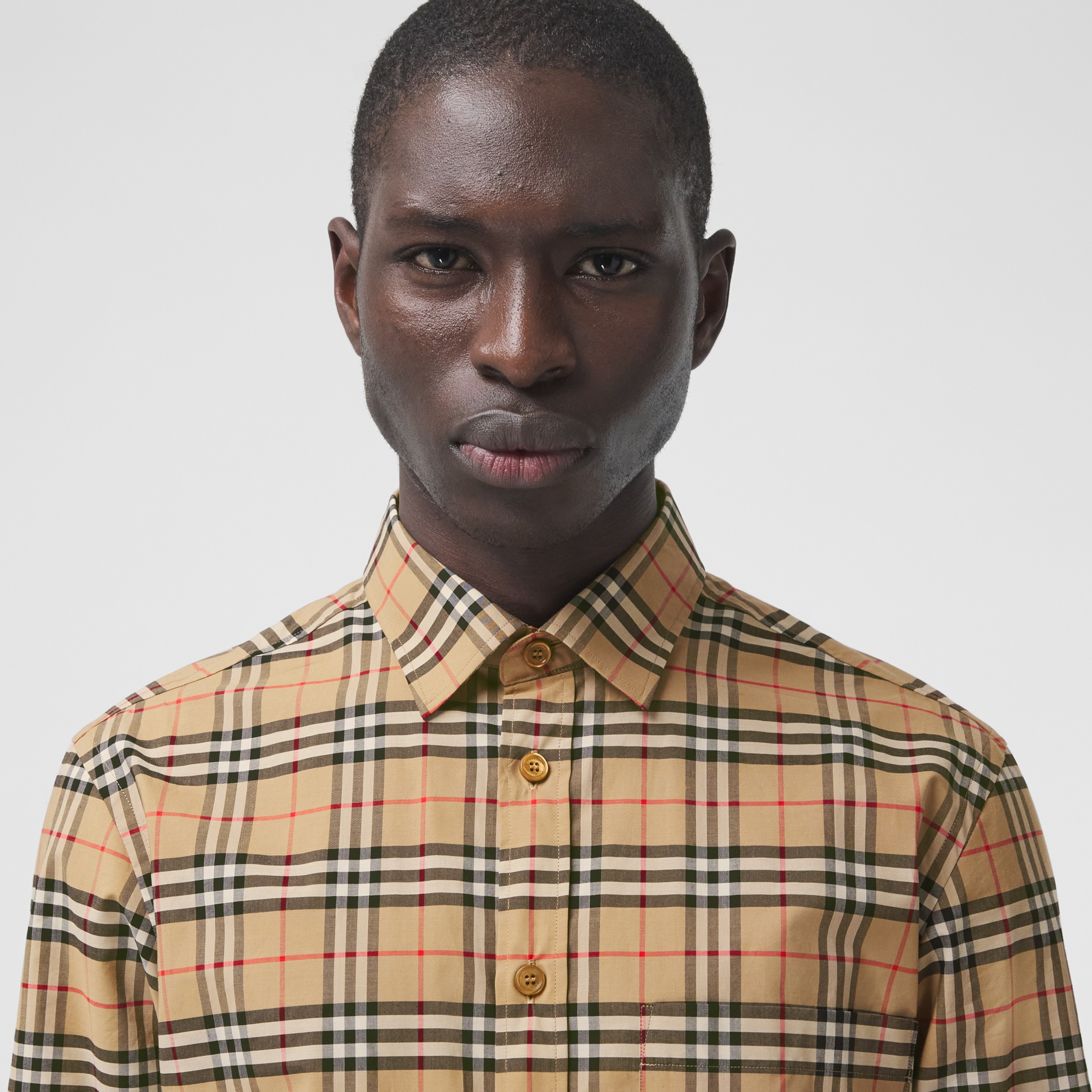 Small Scale Check Stretch Cotton Shirt in Archive Beige - Men ...