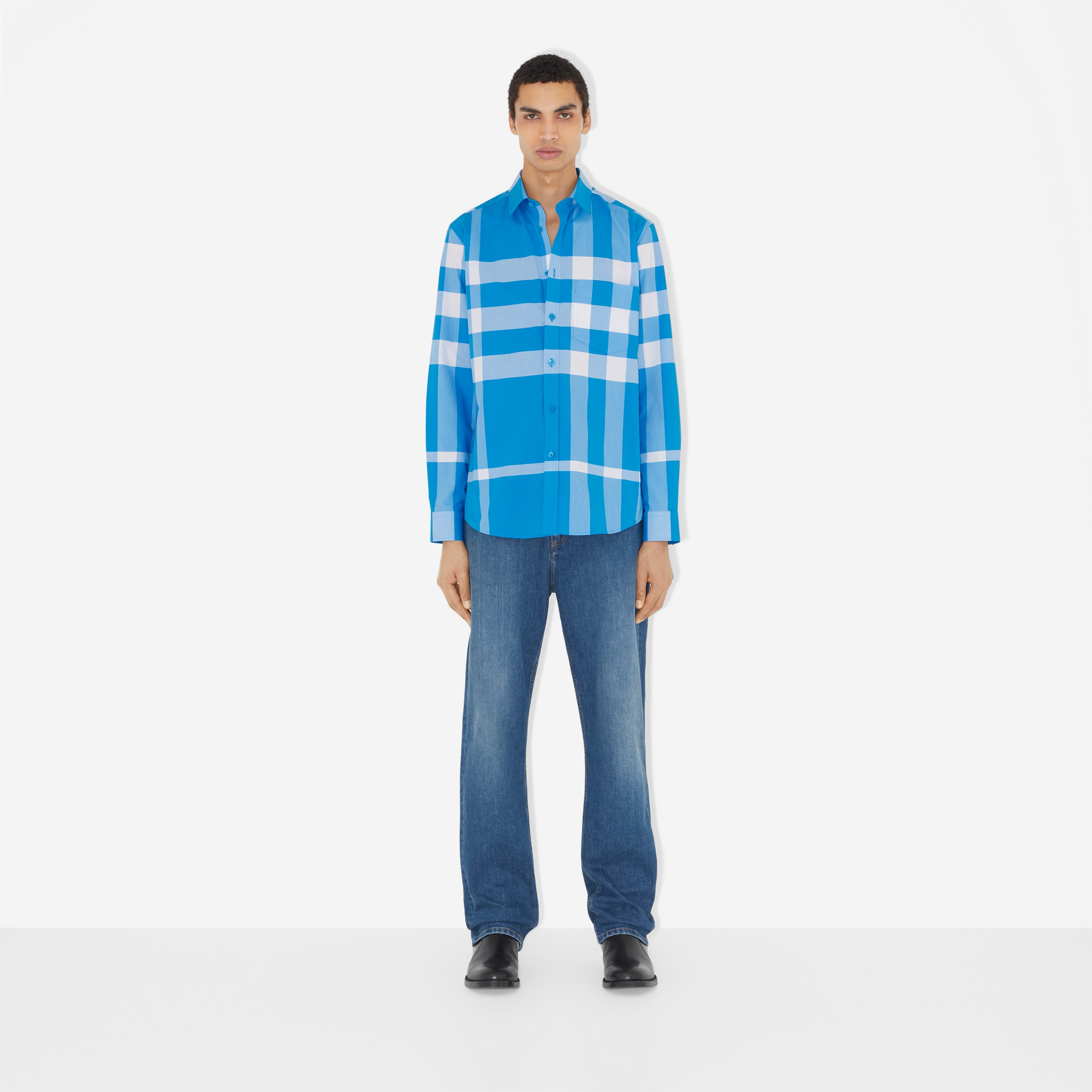체크 스트레치 코튼 포플린 셔츠 (비비드 블루) - 남성 | Burberry® - 2