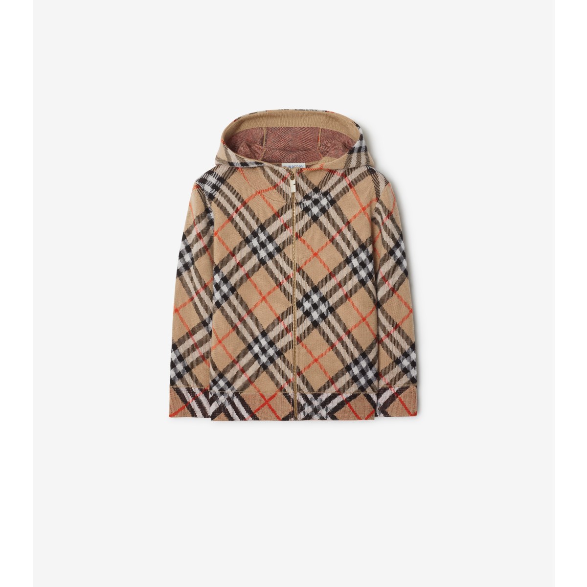 Burberry Childrens Check Wool Zip Hoodie In Sand