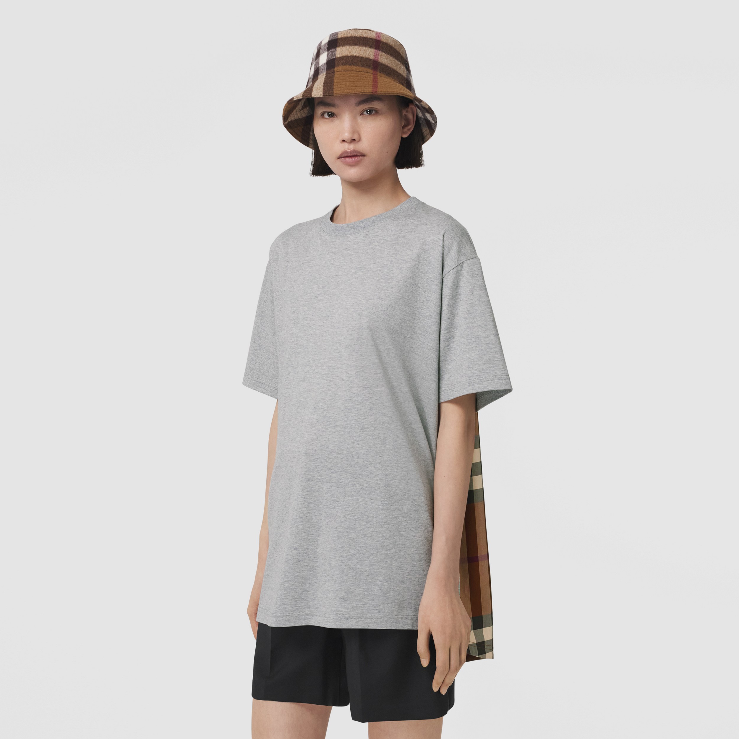 Check Panel Cotton Oversized T-shirt in Pale Grey Melange - Women | Burberry® Official - 1