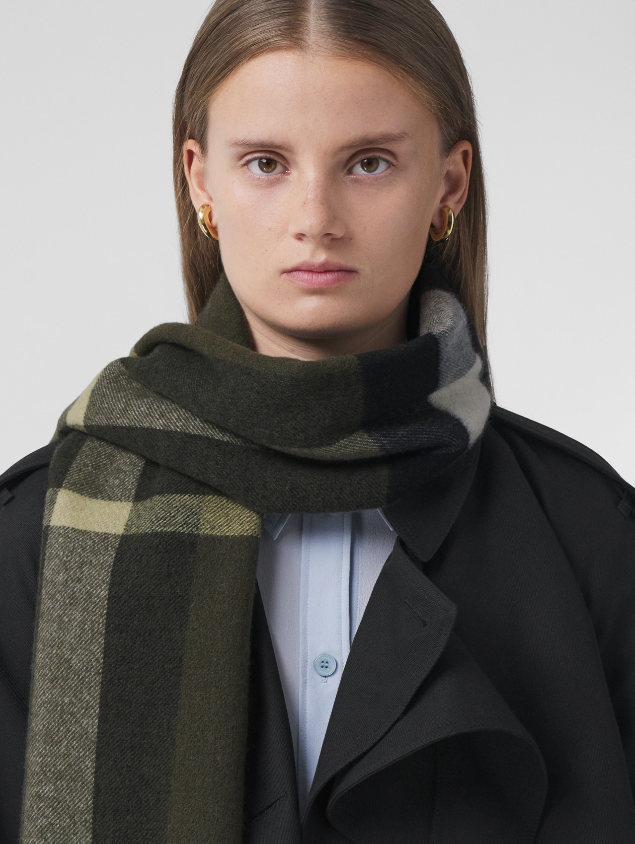 Reversible Check and Monogram Cashmere Scarf in Military Green
