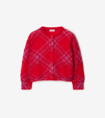 Check Mohair Wool Blend Cardigan in Warm coral red Burberry Official