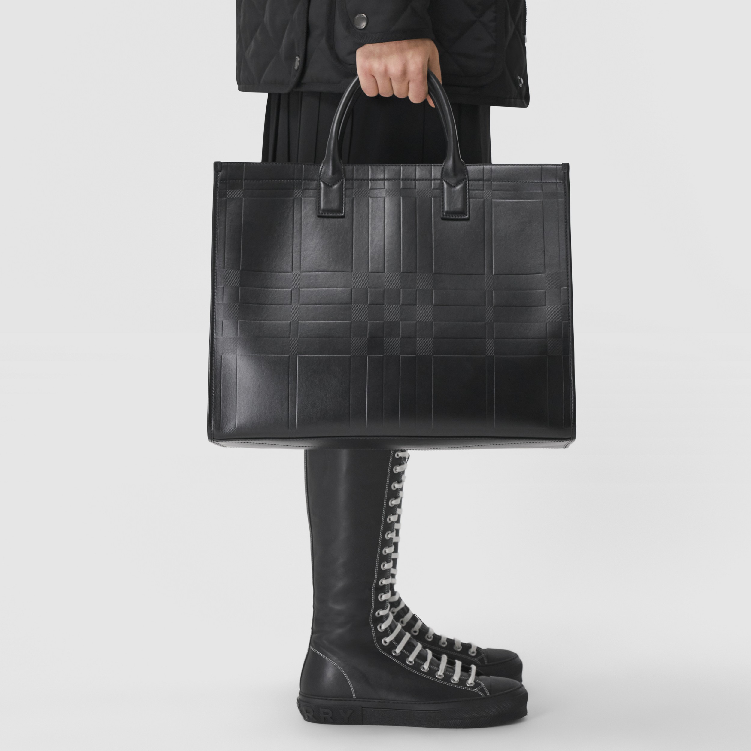 Embossed Check Leather Tote in Black - Men | Burberry® Official - 3