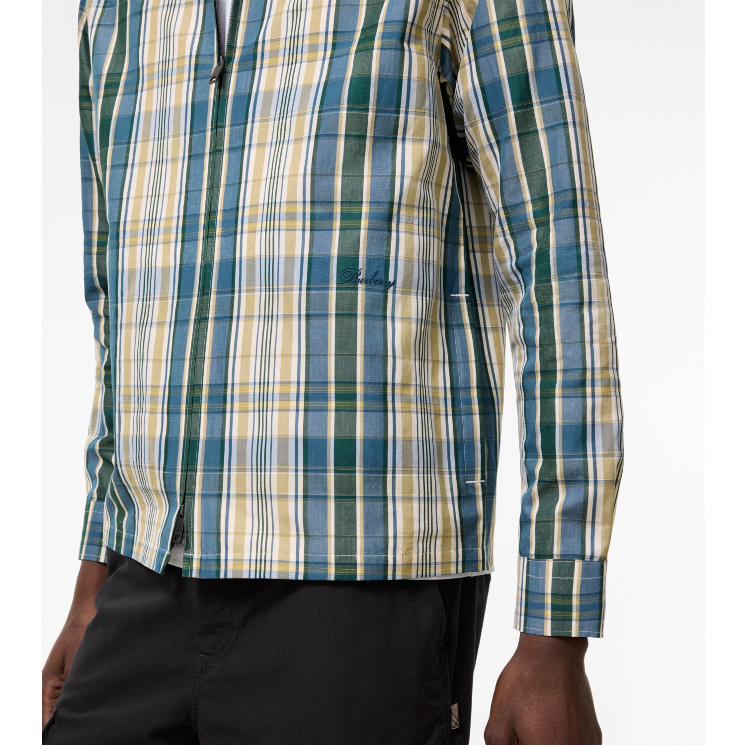 チェック コットンリネン オーバーシャツ (ピーコックブルー) - メンズ