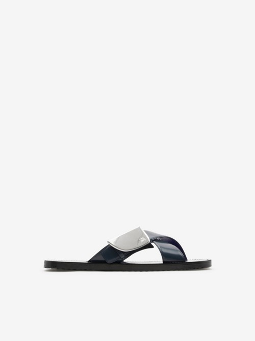 Burberry Leather Strip Shield Slides In Lake