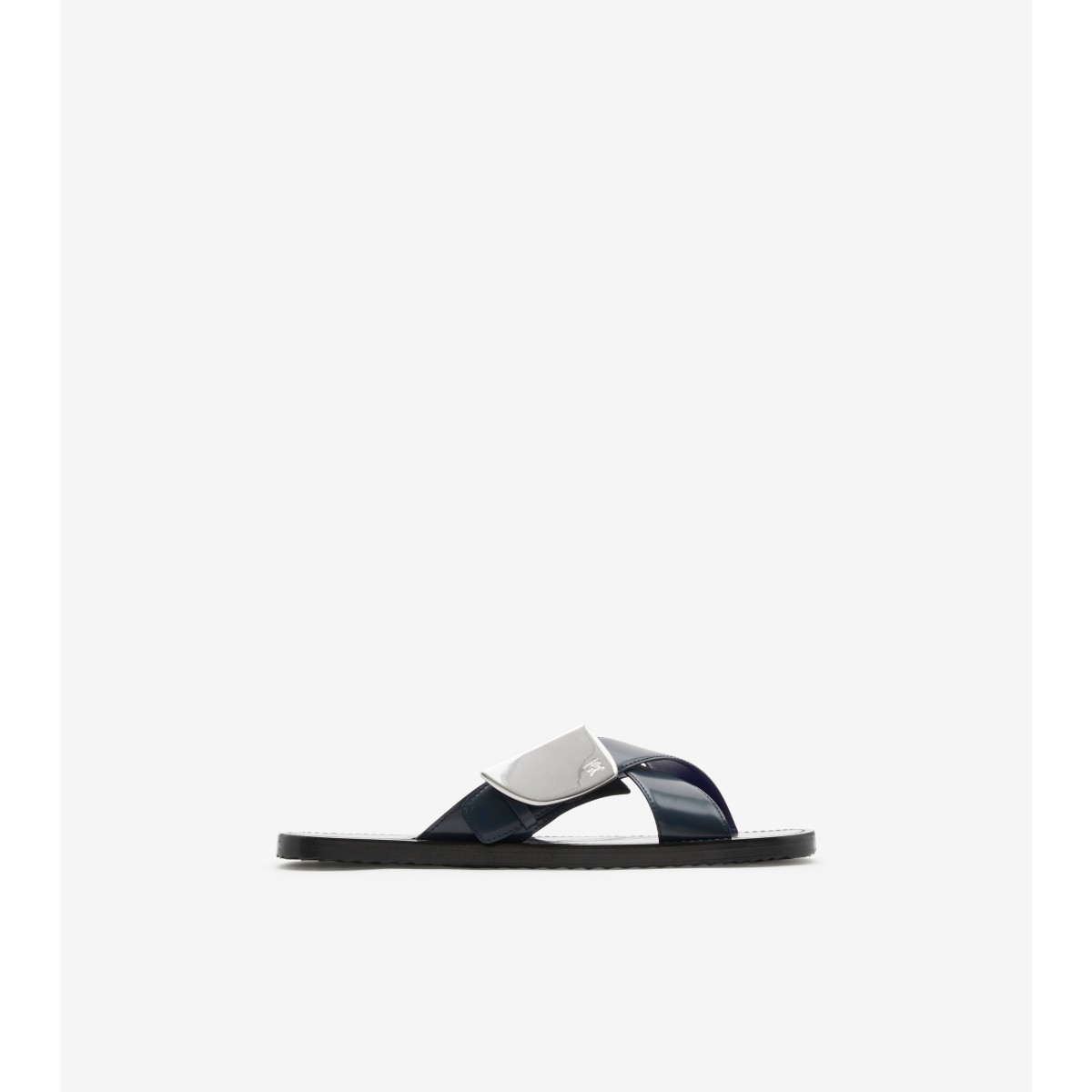 Shop Burberry Leather Strip Shield Slides In Lake