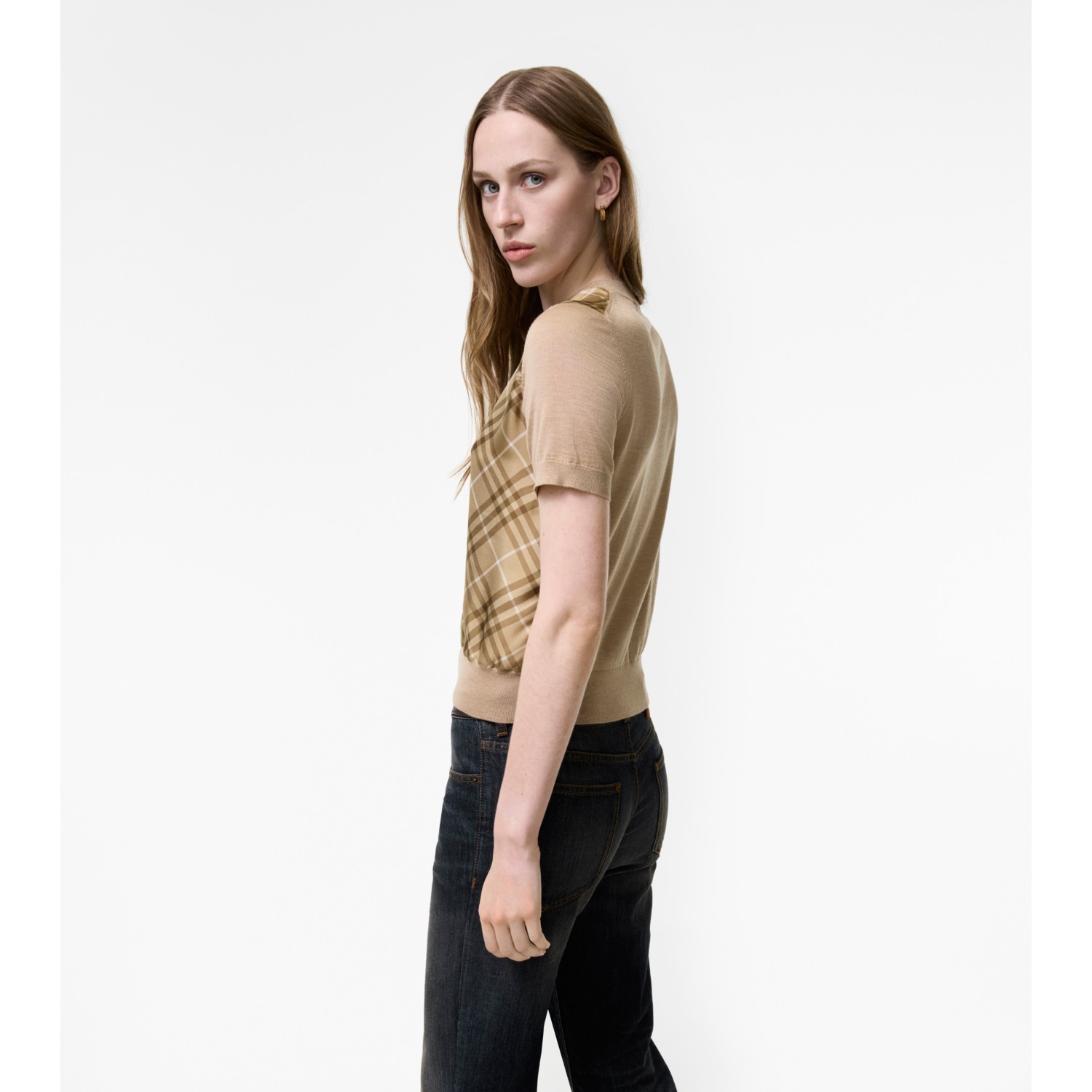 Check Panel Wool Silk T-shirt - thumbnail 9