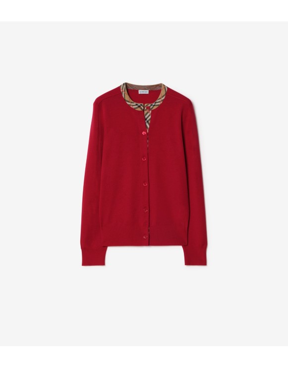 Woll-Cardigan mit Check-Besatz
