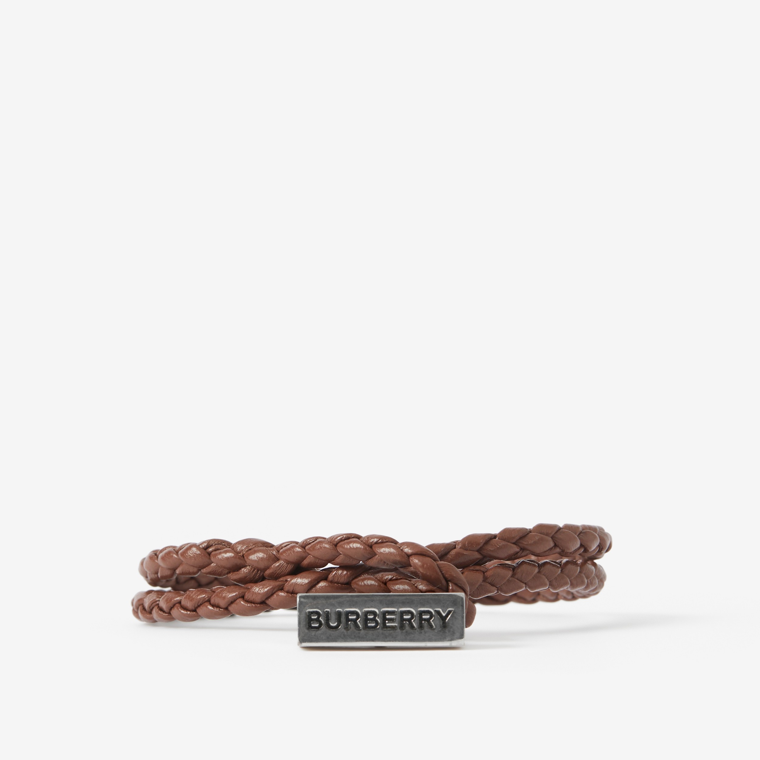 Logo Engraved Braided Leather Bracelet in Vintage Steel/dark Birch Brown - Men | Burberry® Official - 1