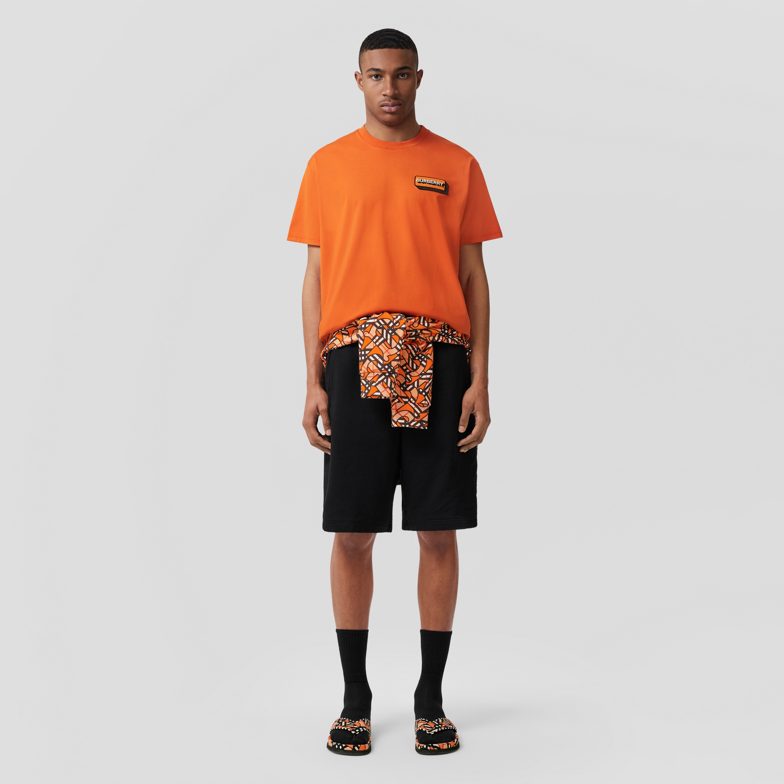 Logo Appliqué Cotton Oversized T-shirt in Bright Orange - Men | Burberry® Official - 1