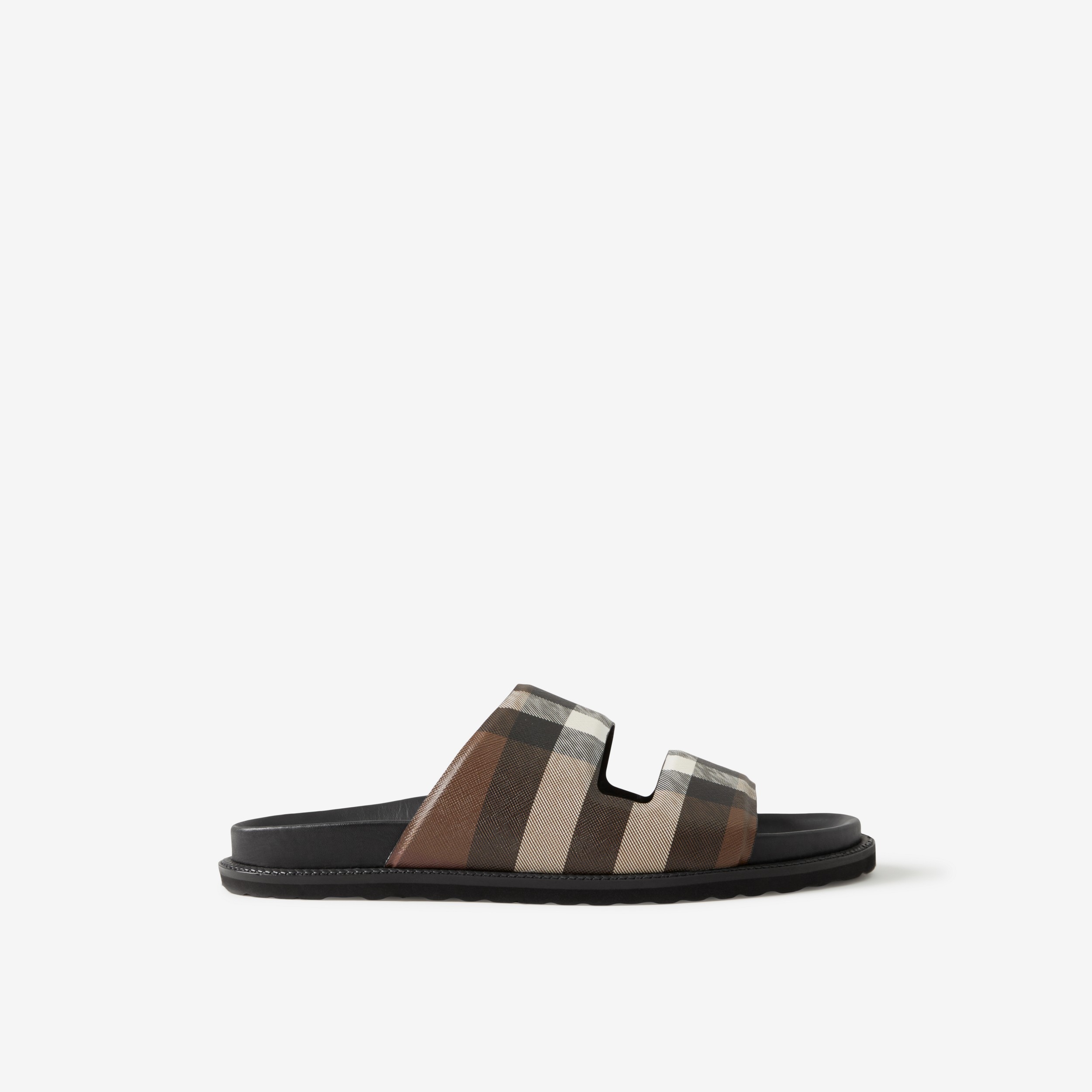 Cut-out Detail Check Cotton Canvas Slides in Dark Birch Brown - Men | Burberry® Official - 1