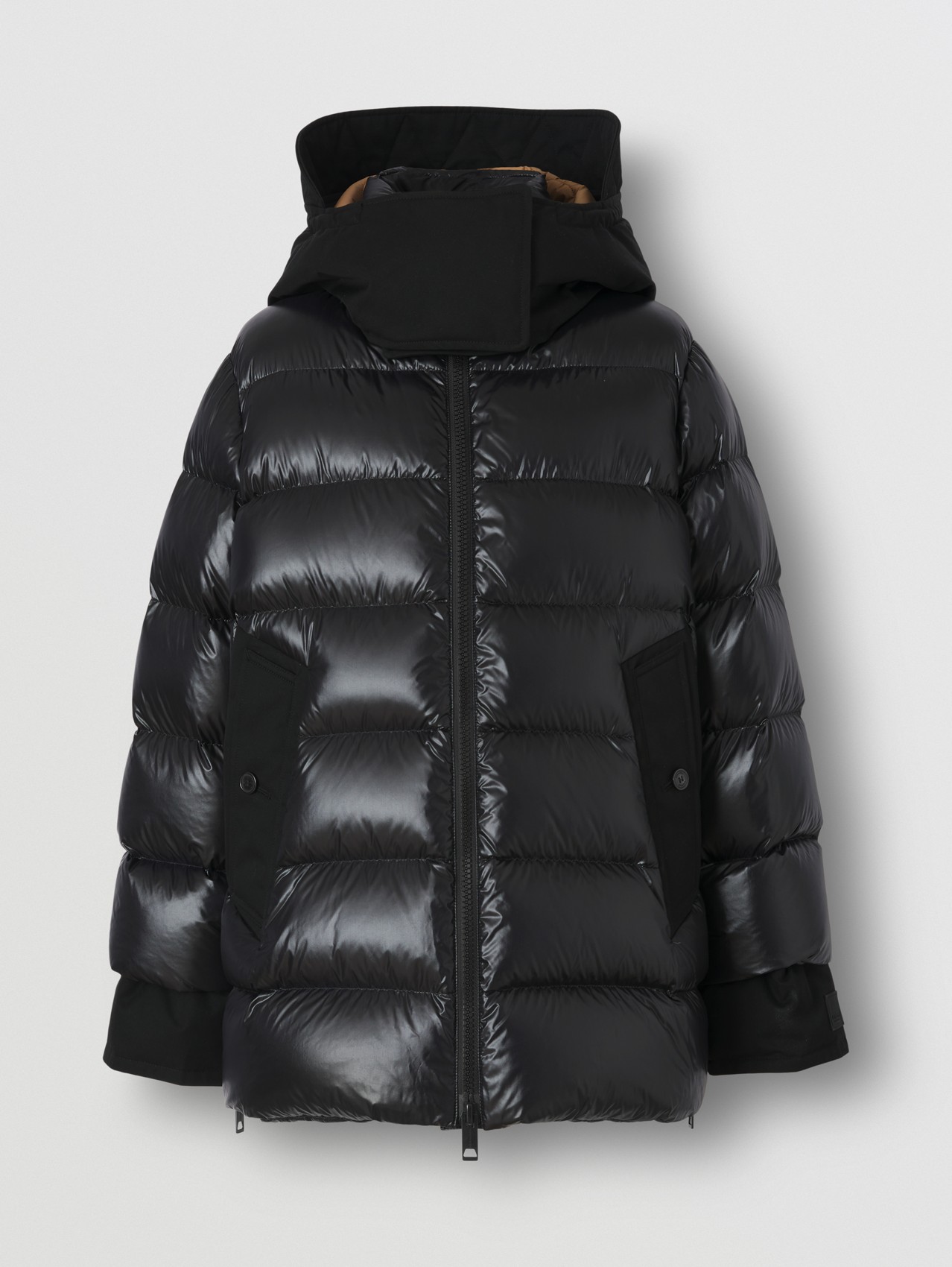 Recycled Nylon Puffer Jacket with Detachable Warmer in Black