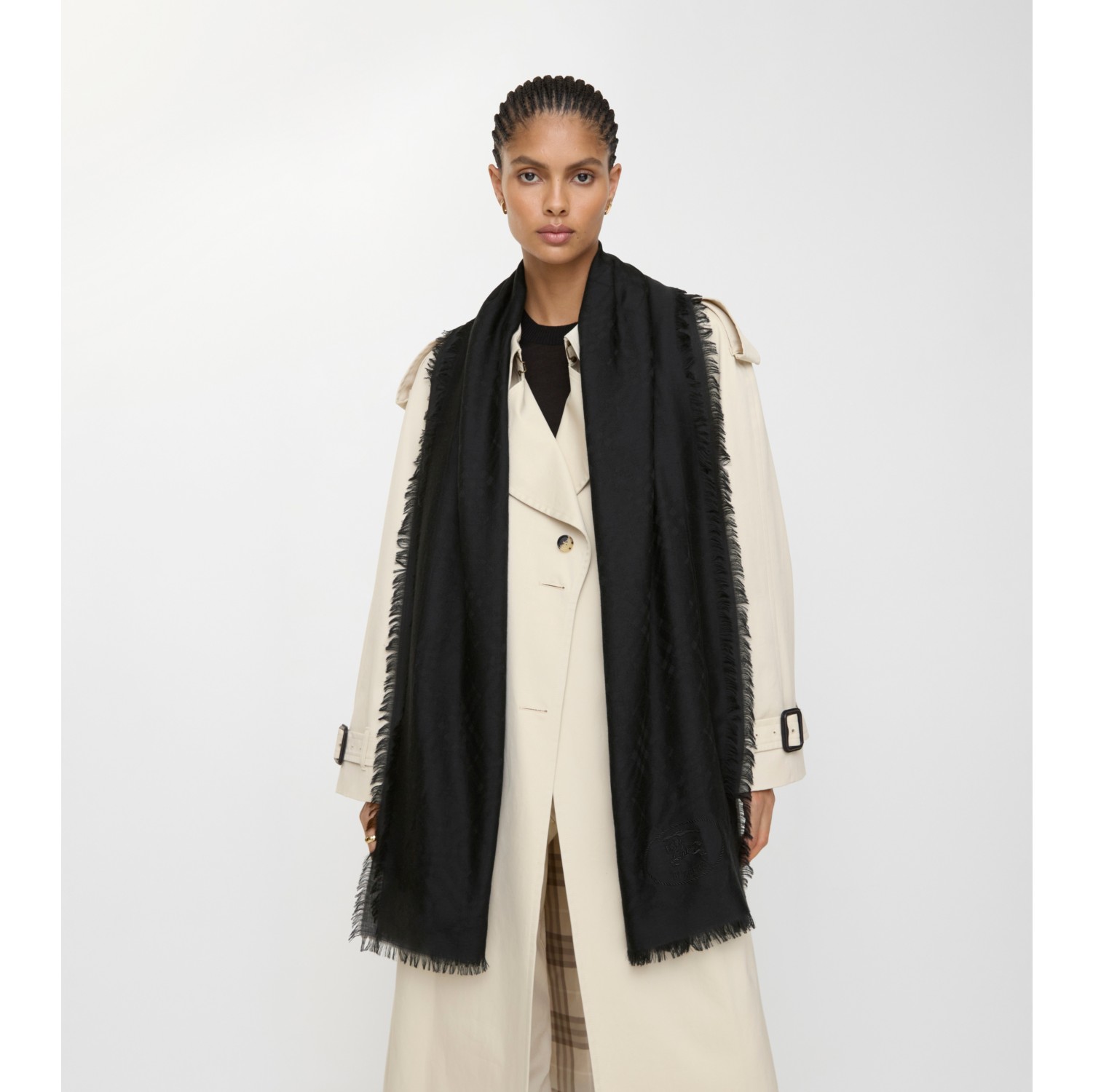 Wide Check Wool Silk Scarf in Black | Burberry® Official