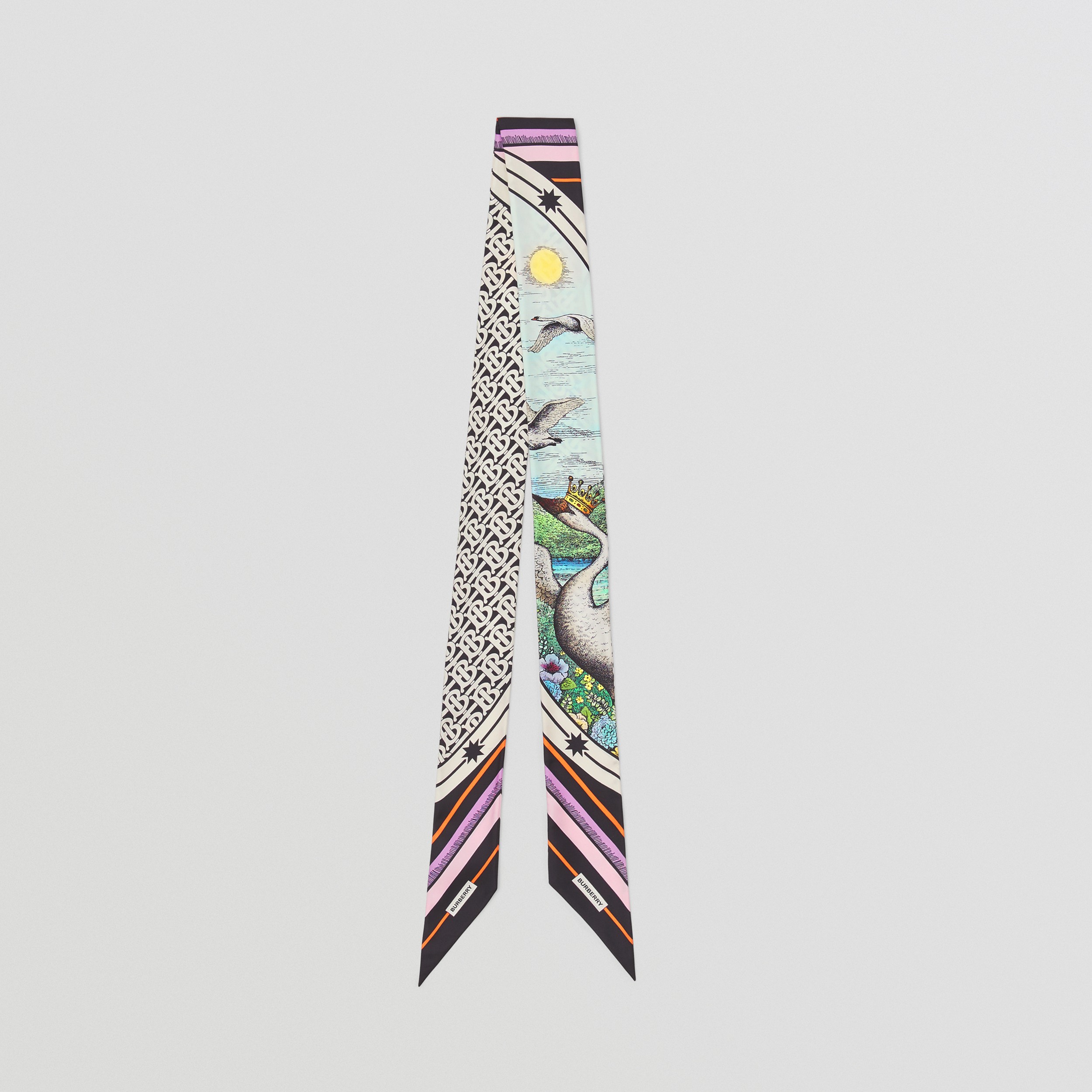 Monogram and Swan Kingdom Print Silk Skinny Scarf in Multicolour - Women | Burberry® Official - 1