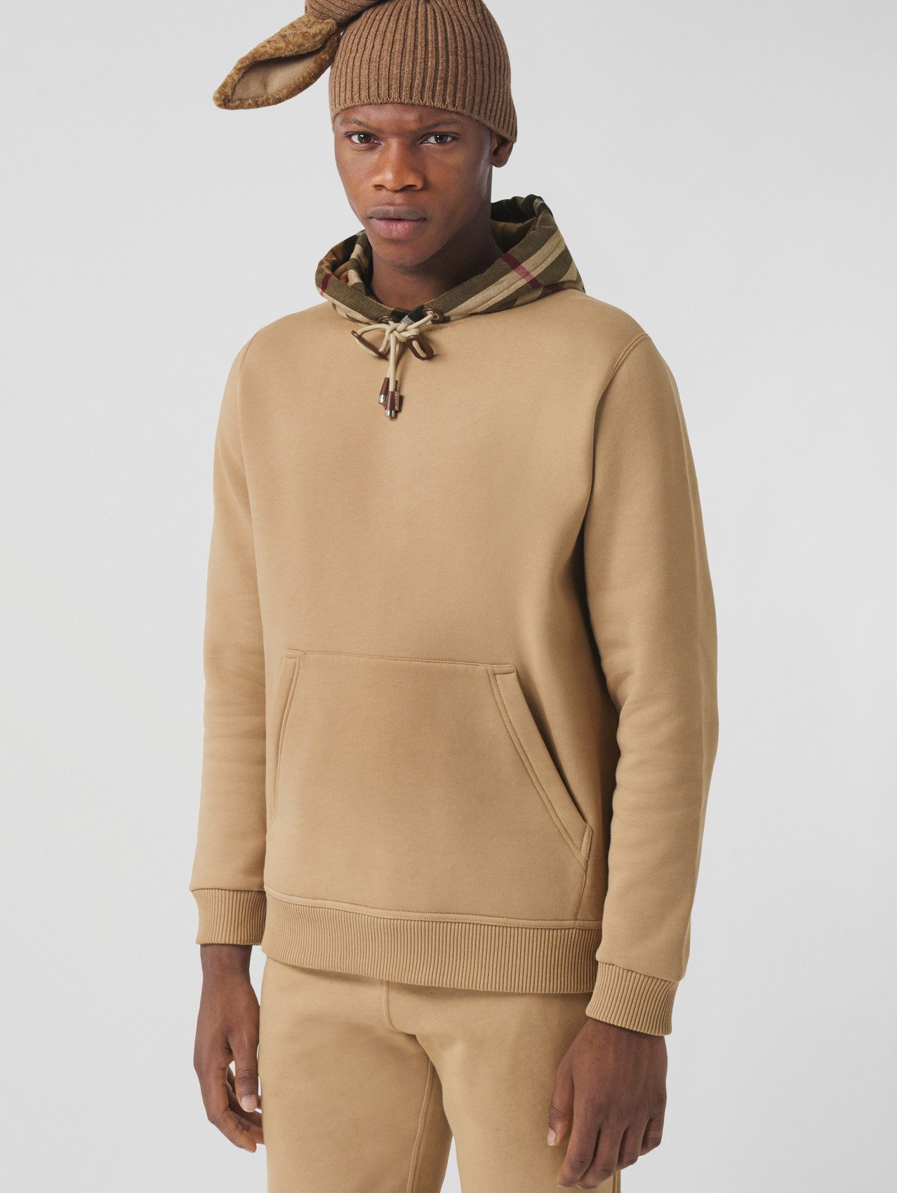 Check Hood Cotton Blend Hoodie in Camel