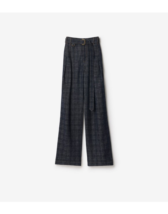 High Rise Wide Check Denim Jeans